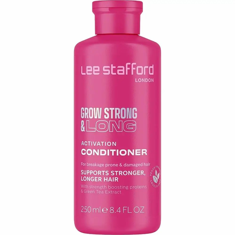 Rosa Flasche, Conditioner, Text: Grow Strong & Long, Lee Stafford. 250 ml 8.4 FL OZ.