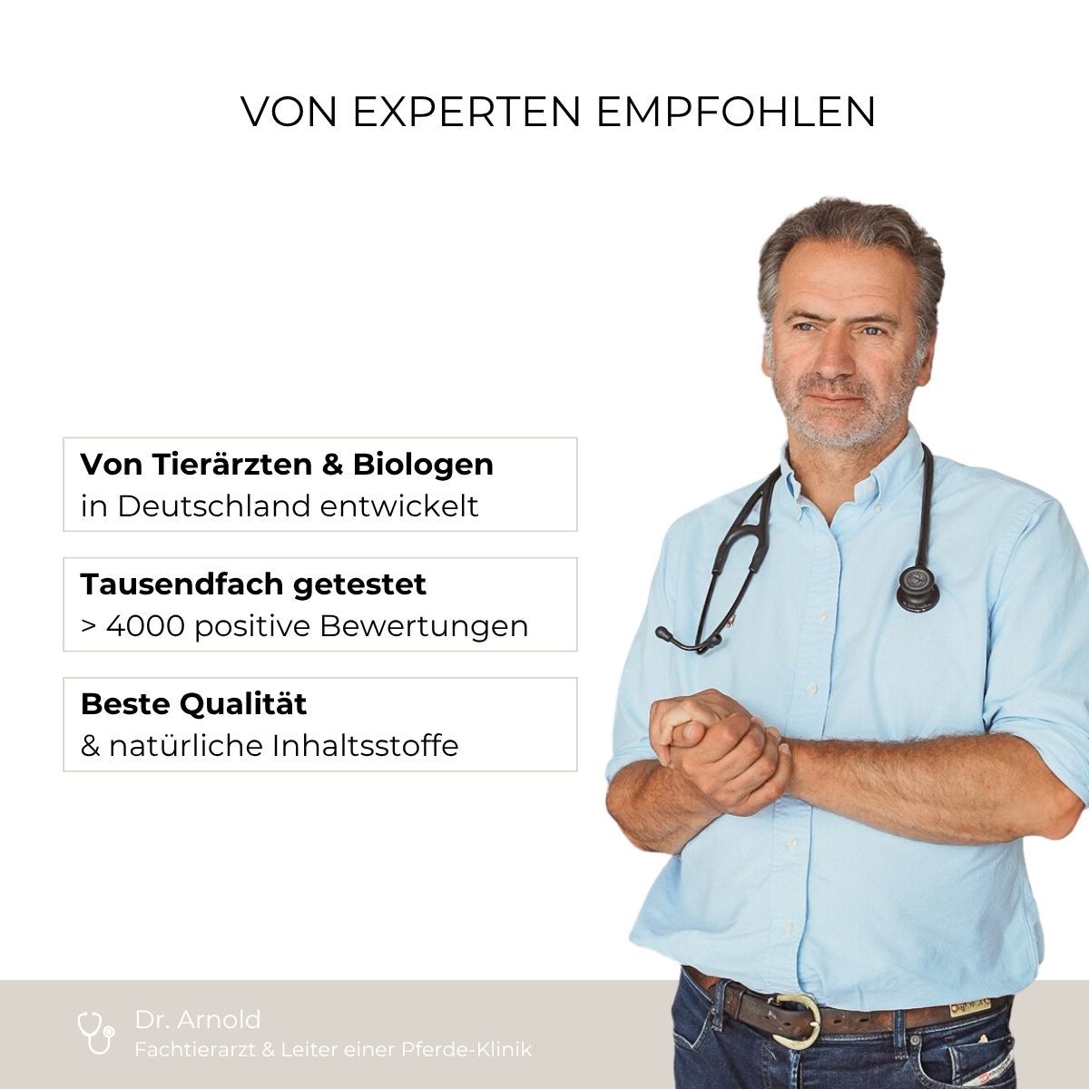 Ein Arzt mit Stethoskop, der eine Flasche Alpurial Muskelkraft hält, mit Text über Expertenempfehlungen.