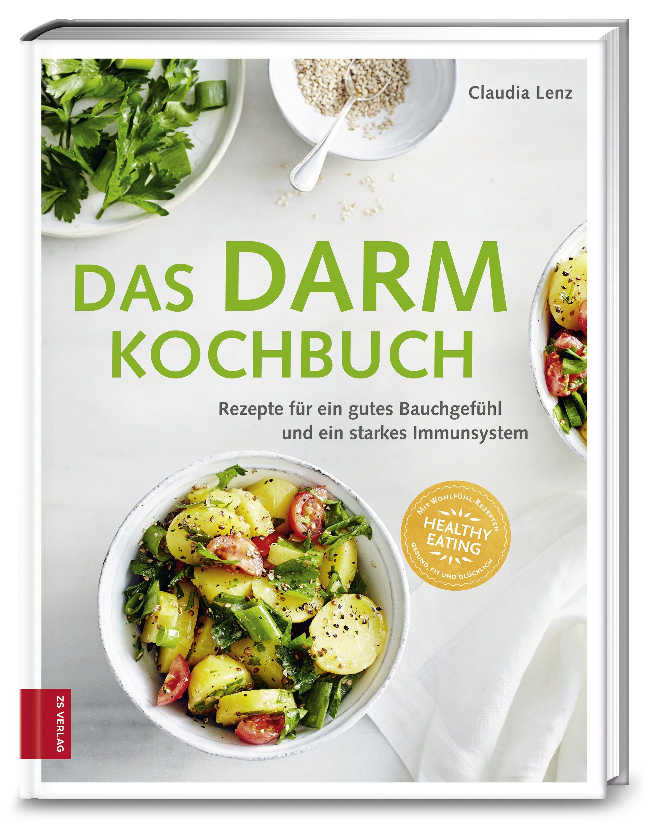 Buchcover mit Titel "Das Darm Kochbuch" von Claudia Lenz. Auf dem Cover sind Speisen abgebildet. Mit "Healthy Eating" Siegel.
