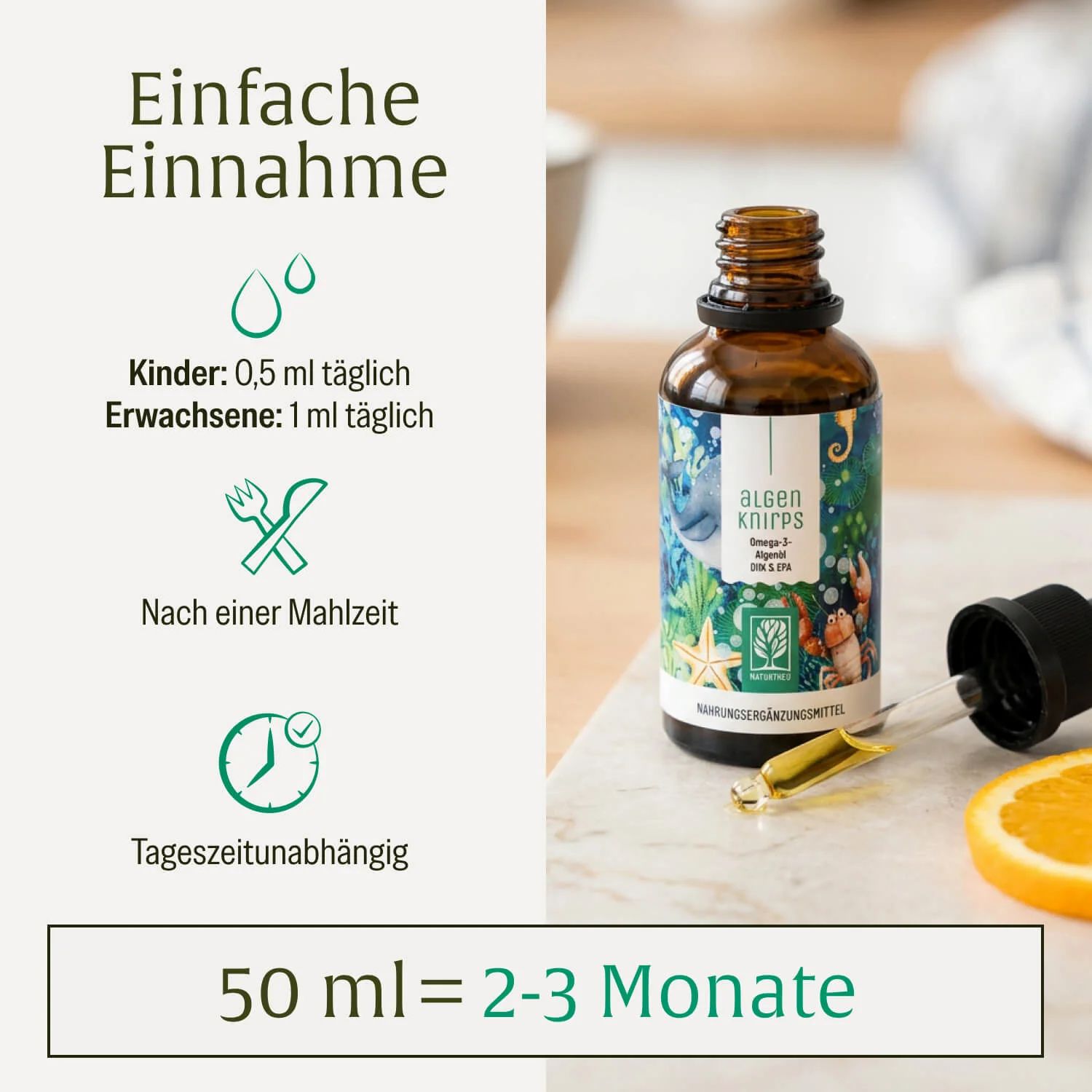 Mutter und Kind am Tisch. Mutter gibt Kind Tropfen aus Flasche. Icons für Herz, Gehirn, Sehkraft.