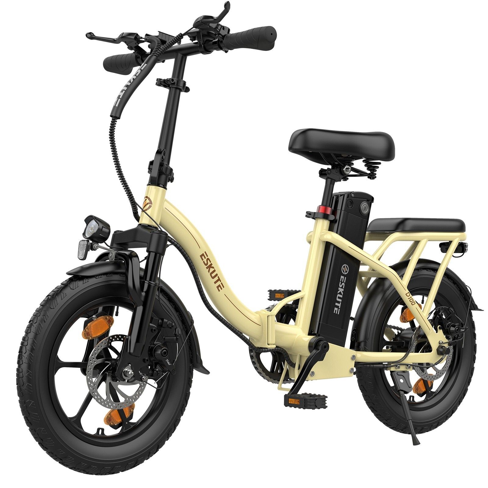 Beige faltbares Elektrofahrrad. Schwarze Reifen, Sattel und Lenker. Marke ESKUTE.