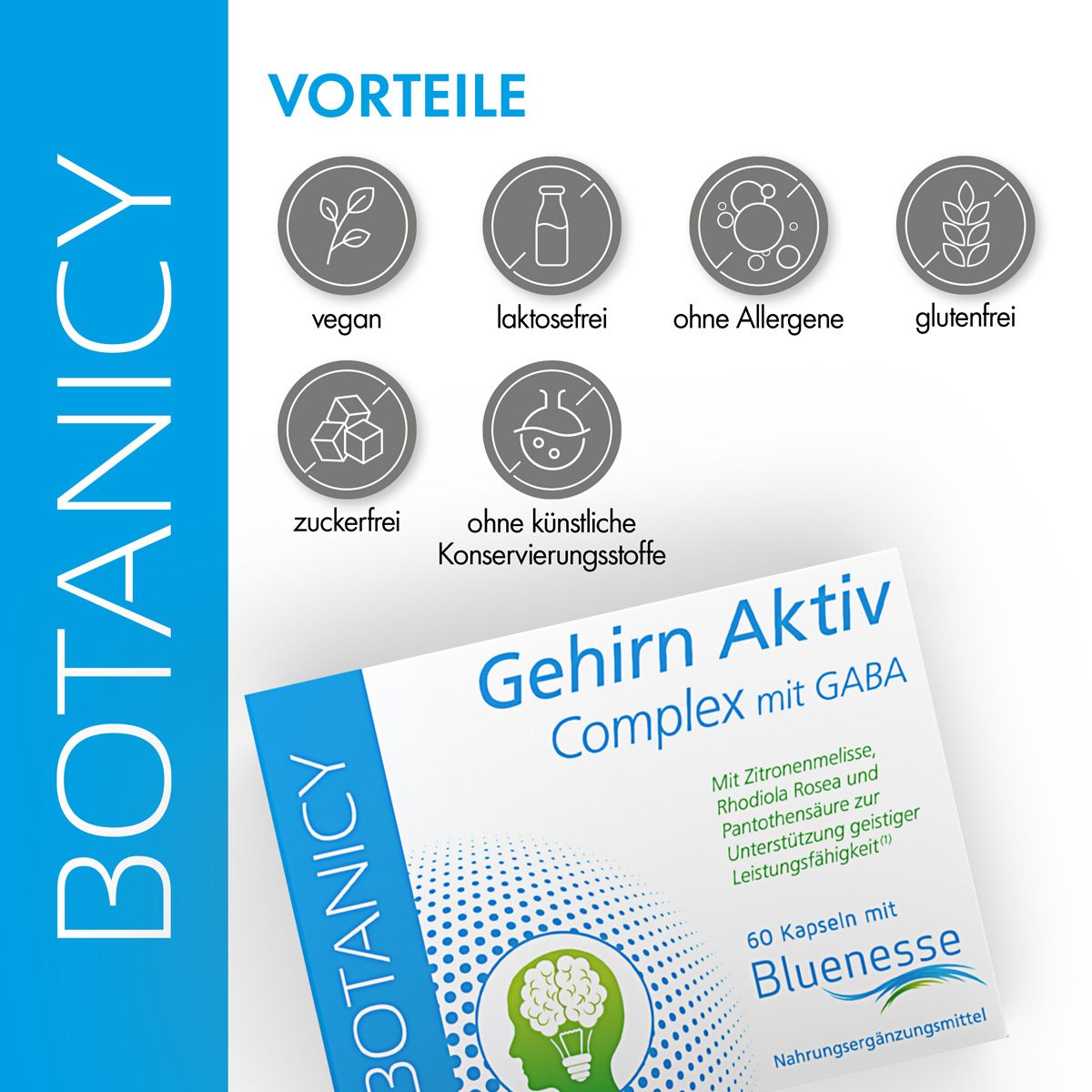 Vorteile von Gehirn Aktiv Complex: vegan, laktosefrei, ohne Allergene, glutenfrei, zuckerfrei, ohne Konservierungsstoffe.