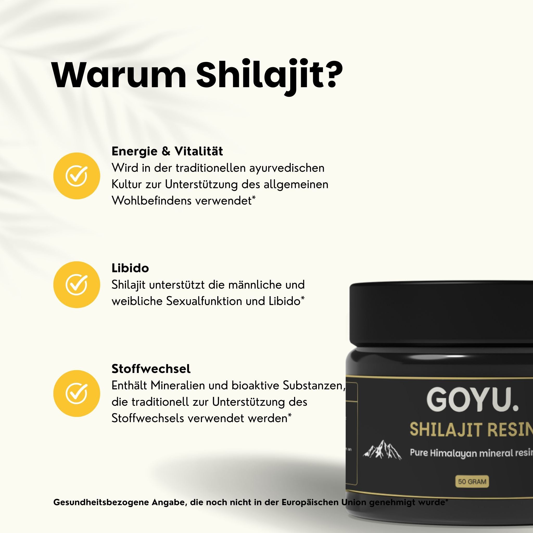 Schwarzes Glas mit GOYU Shilajit Harz, 50 Gramm. Beschriftung mit Bergen und "Pure Himalayan mineral resin".