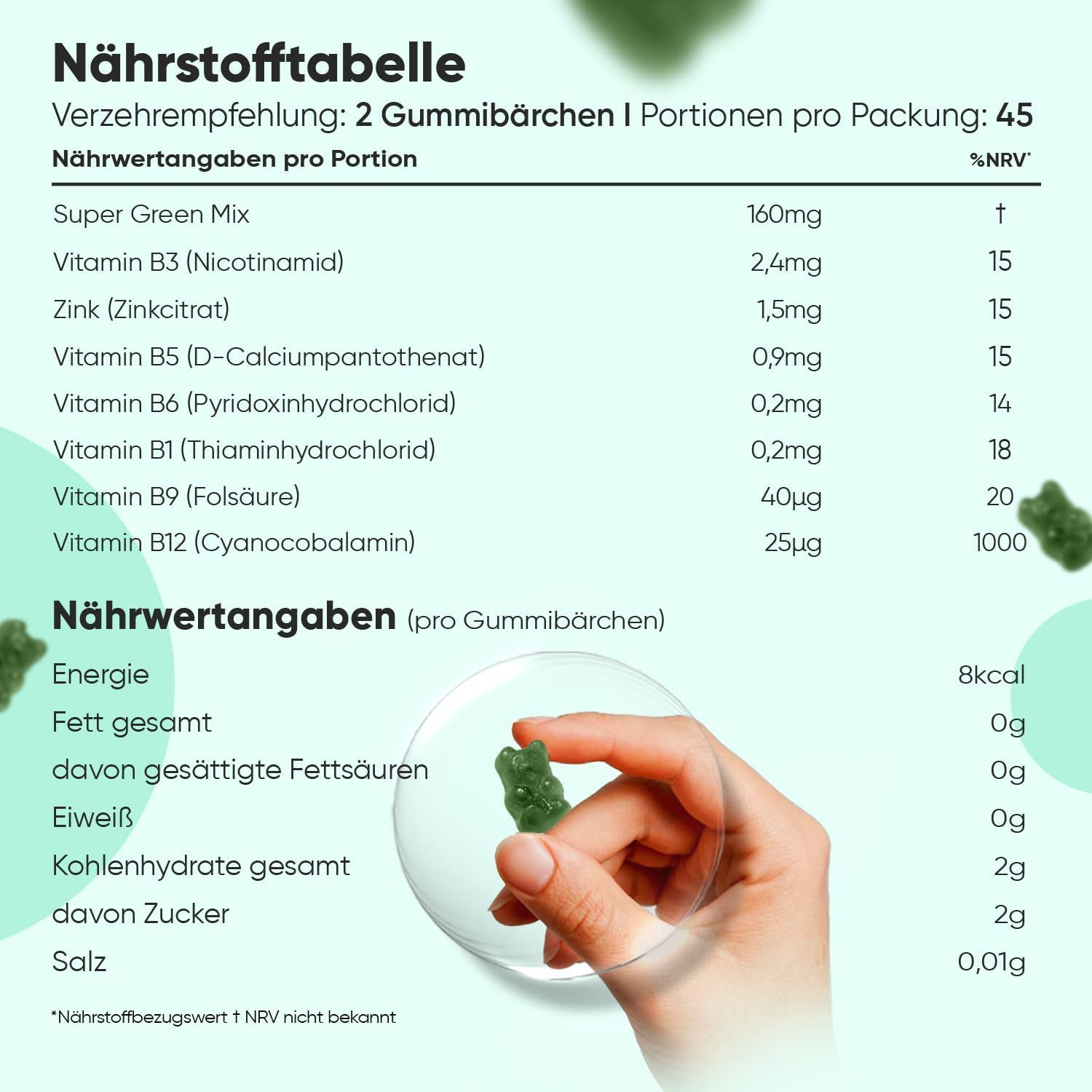 Nährwerttabelle mit Angaben zu Inhaltsstoffen wie Super Green Mix, Vitaminen und Mineralien. Gummibärchen in der Hand.
