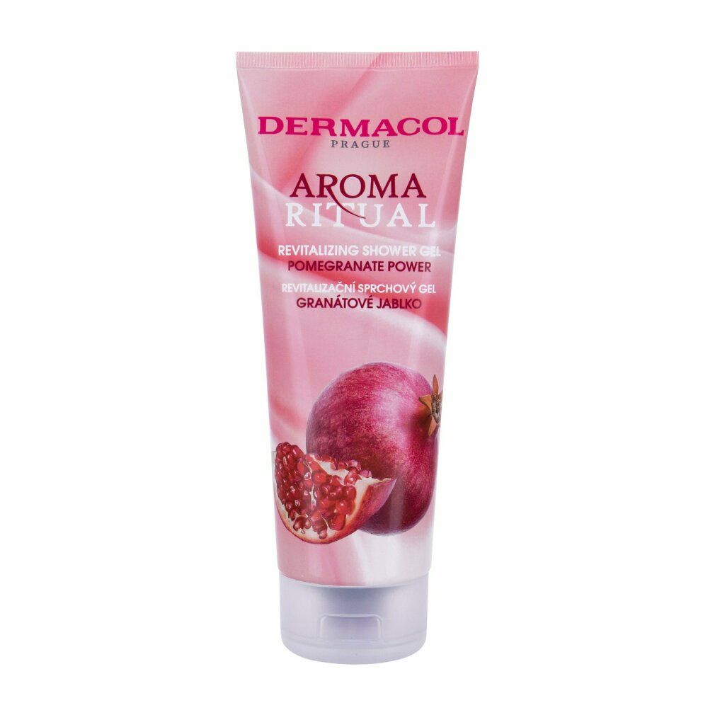 Rosa Tube mit Dermacol Aroma Ritual Duschgel. Granatapfel-Abbildung. Text: Revitalisierendes Duschgel, Granatapfel Power.
