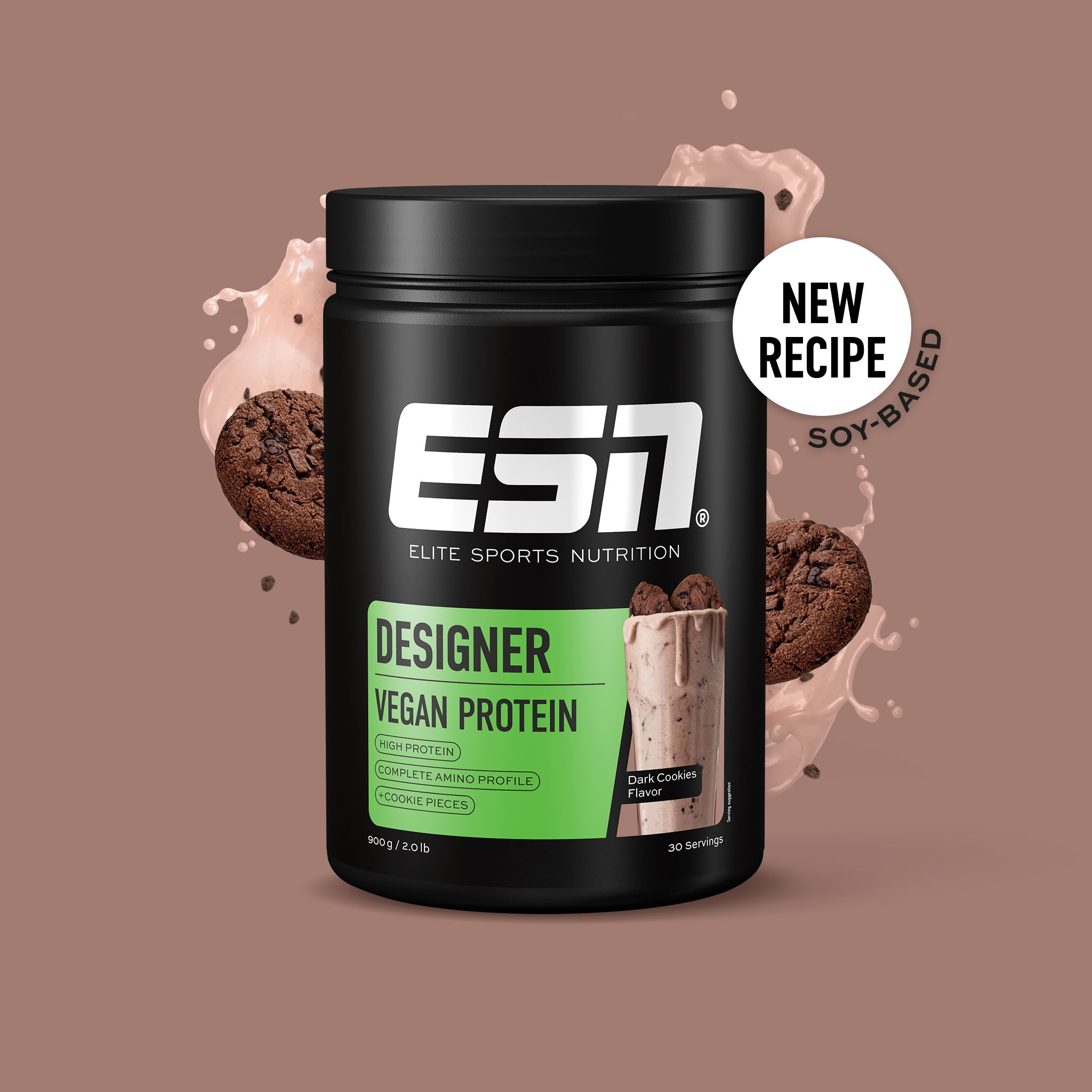 Schwarze Dose mit ESN-Logo und Produktbezeichnung. "Designer Vegan Protein" und "Dark Cookies Flavor" sind sichtbar. Mit Keksen.