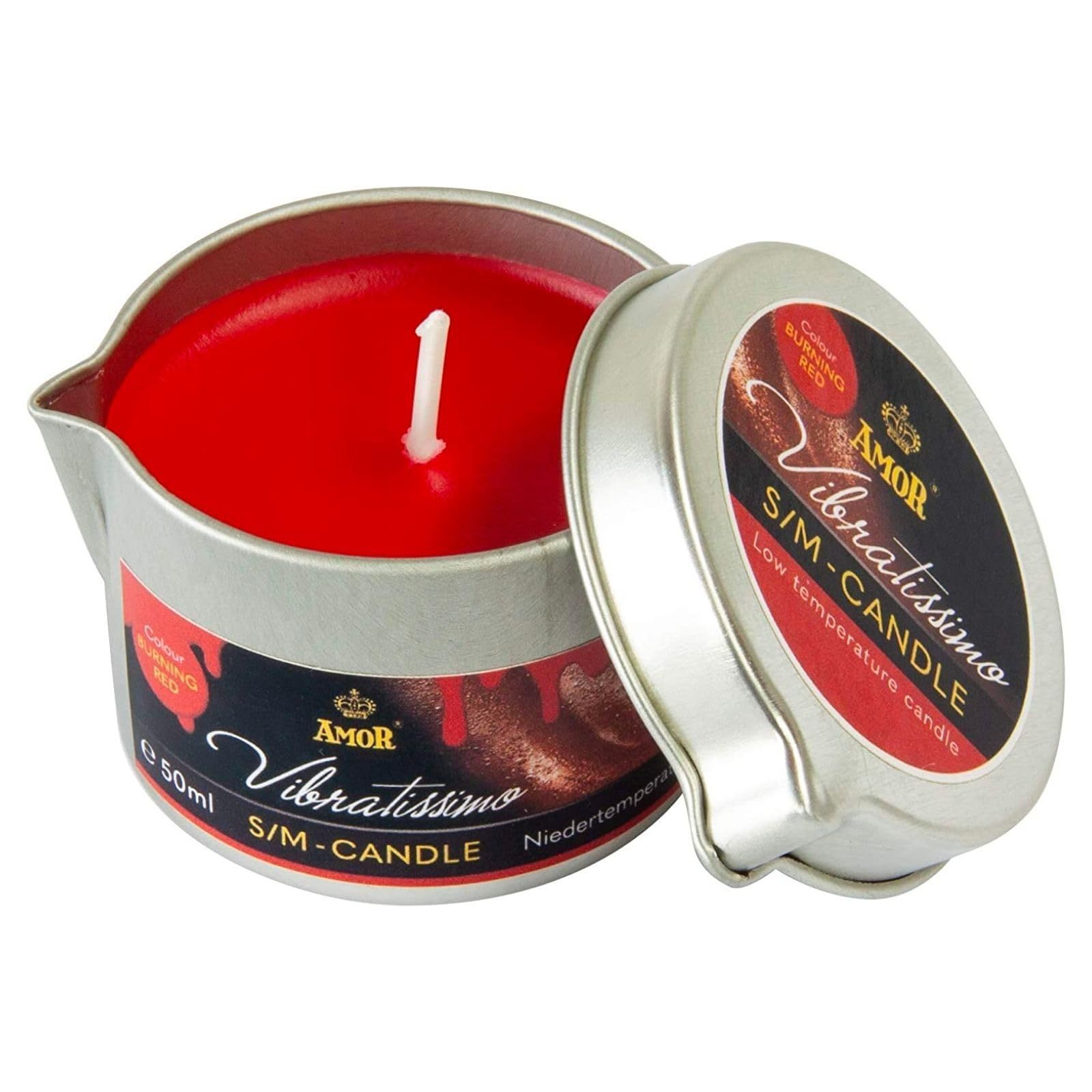 Rote Kerze in Metalldose mit Ausguss, Marke Amor, "Vibratissimo S/M-CANDLE".