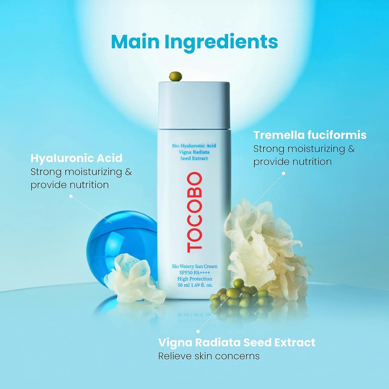 Produkt mit Inhaltsstoffen. Flasche mit rotem TOCOBO-Logo. Inhaltsstoffe: Hyaluronsäure, Tremella fuciformis, Vigna Radiata Seed Extract.