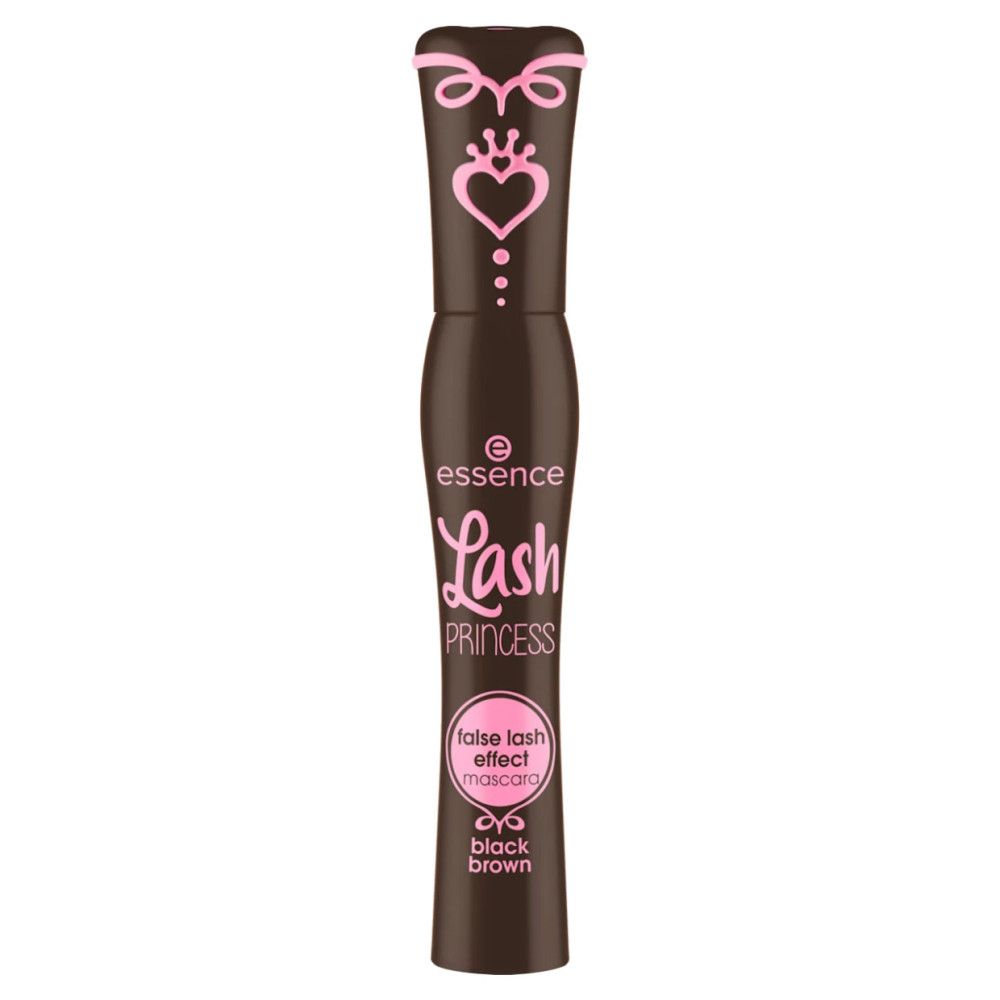 Mascara-Tube. Aufschrift: Essence Lash Princess. Farbe: Black Brown. Rosa Akzente.