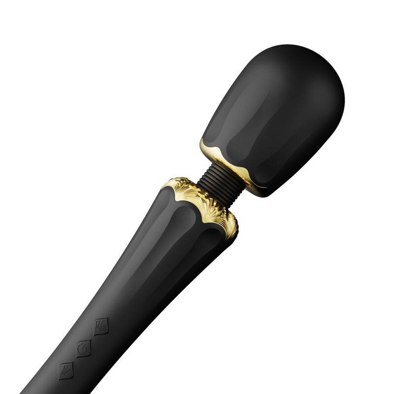 Nahaufnahme des schwarzen Stabvibrators mit goldenem Detail am Hals.