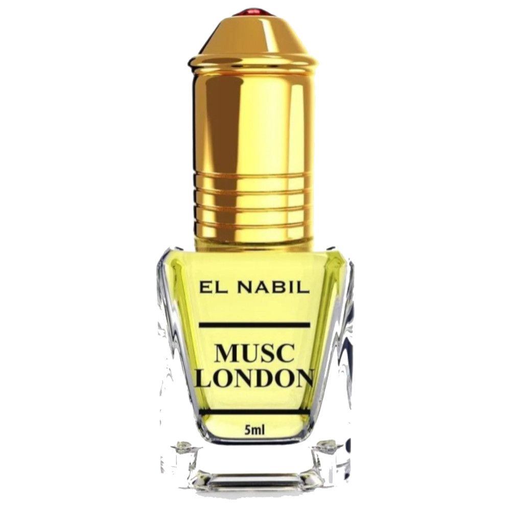 Flakon mit goldfarbenem Deckel. Aufschrift: EL NABIL, MUSC LONDON, 5ml. Flüssigkeit gelblich.