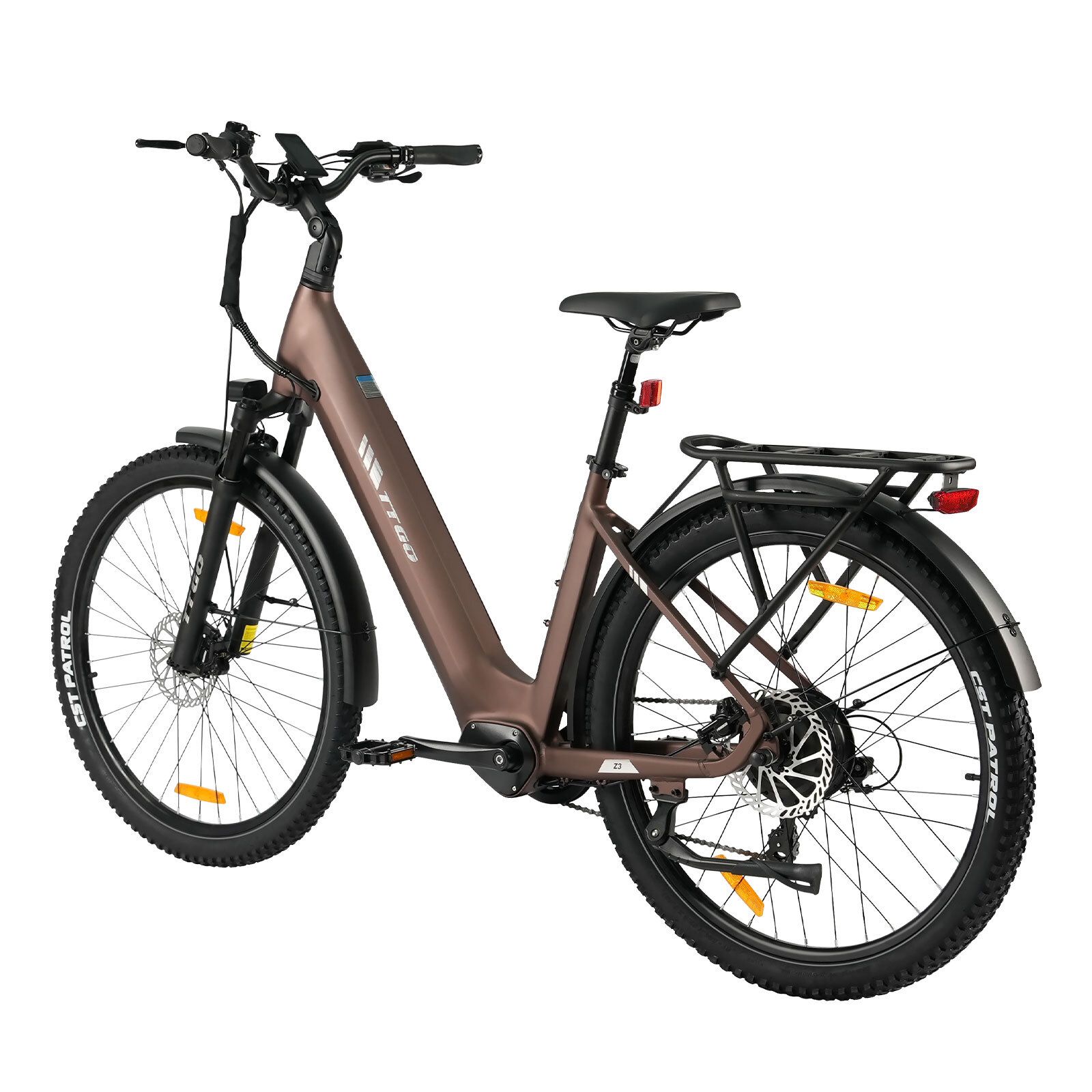 Braunes Elektrofahrrad mit schwarzen Reifen, Schutzblechen und Gepäckträger. Hydraulische Scheibenbremsen.