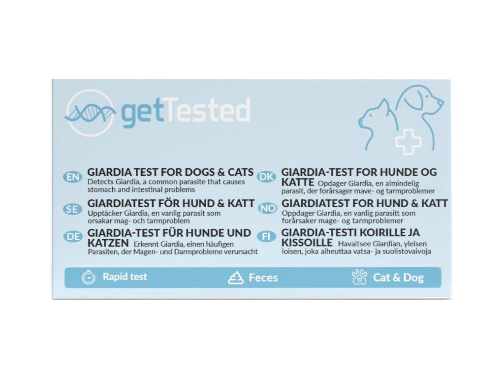 Blaue Karte mit Text in verschiedenen Sprachen. Enthält Informationen zum Giardia-Test für Hunde und Katzen.