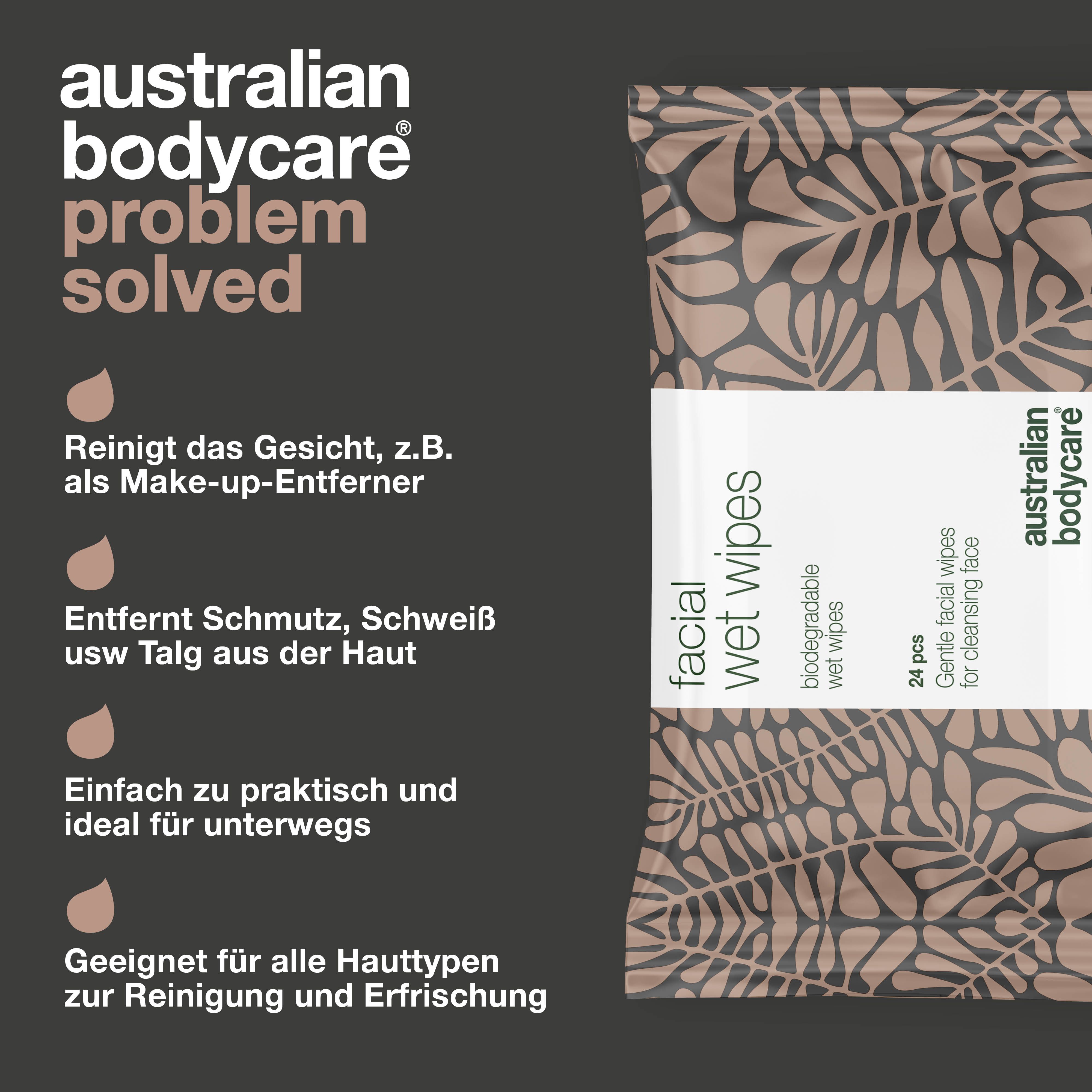 Produktverpackung. Text: Facial Wet Wipes, 24 pcs. Logo: Australian Bodycare. Text: Problem solved.