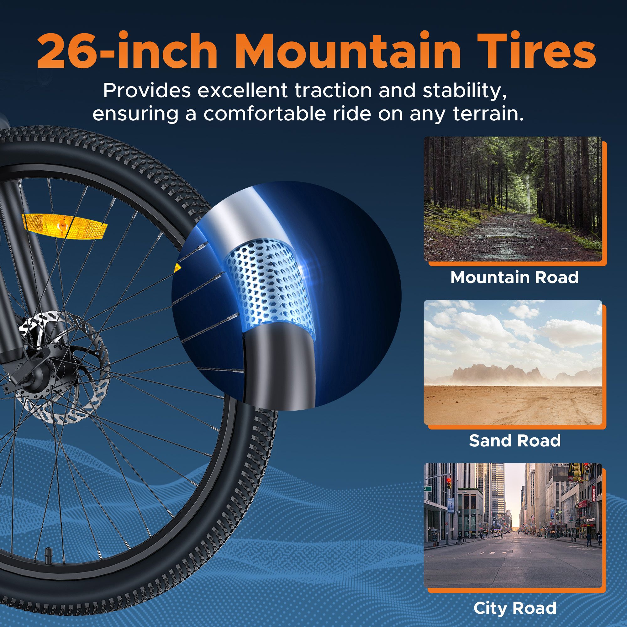 Grafik: 26-Zoll-Mountainbike-Reifen. Reifenprofil, Nahaufnahme. Bilder von Wald-, Sand- und Stadtstraßen. Blaue Designelemente.