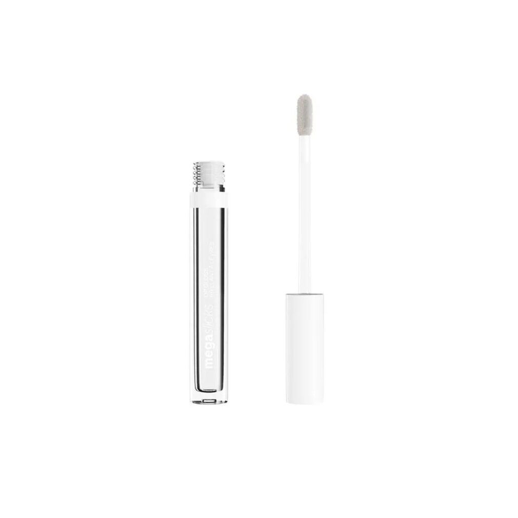 Transparenter Lipgloss in zylindrischer Flasche mit weißem Applikator. Der Applikator ist aus der Flasche herausgenommen.