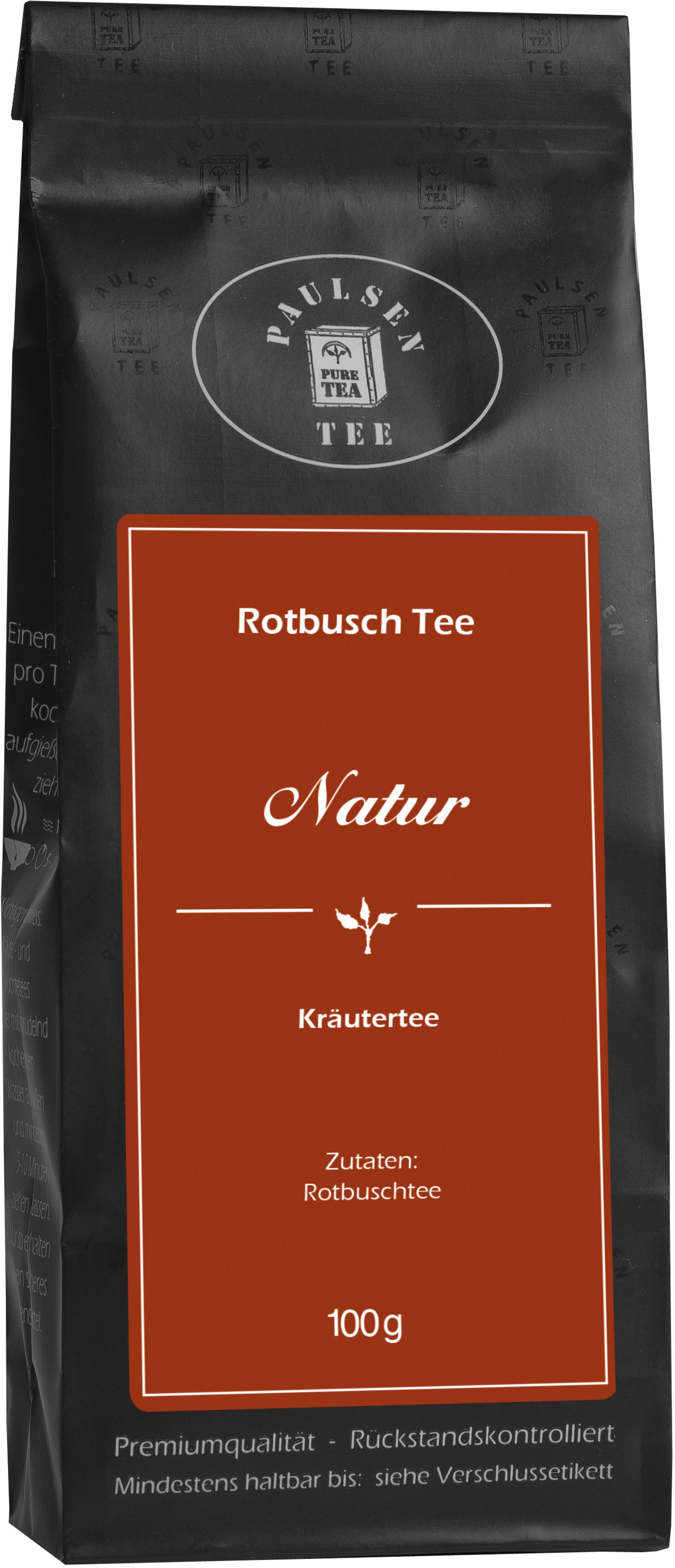 Schwarze Verpackung mit rotem Etikett. Aufschrift: Paulsen Tee, Rotbusch Tee Natur, Kräutertee. 100g.