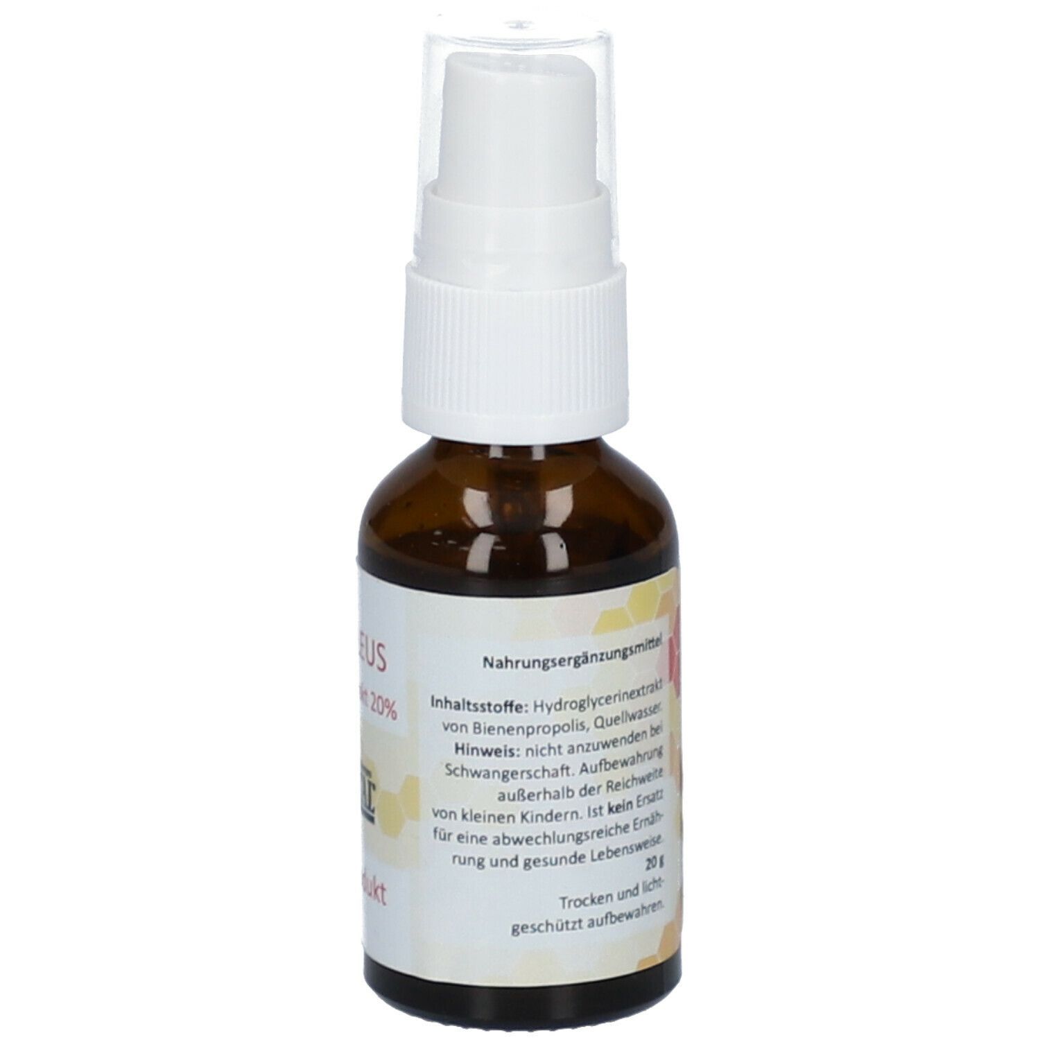 Braune Glasflasche mit weißem Sprühkopf. Etikett mit Produktnamen PROPOLEUS und ARGITAL Logo.