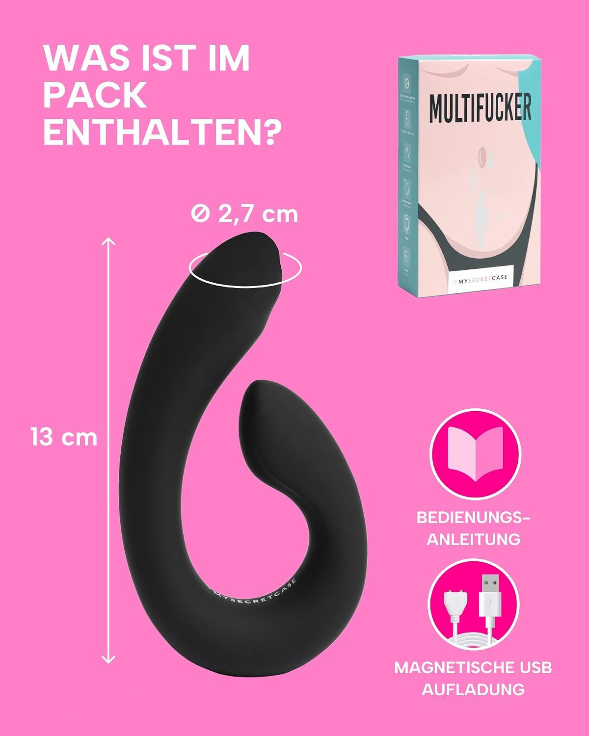 Schwarzer Vibrator, 13cm lang, 2,7cm Durchmesser, mit Ladeanzeige.