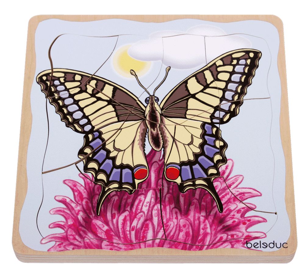 Puzzlespiel mit Schmetterling-Motiv. Holzrahmen, Schmetterling auf Blume, gelb, blau, rot. Marke: Beleduc.