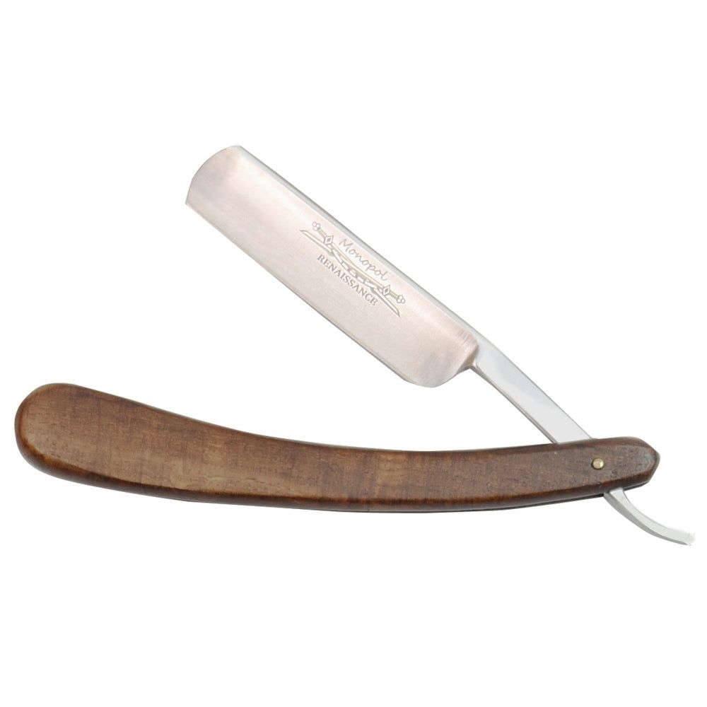 Rasiermesser mit Holzgriff. Klinge mit Schriftzug. Geöffnet, auf weißem Hintergrund.