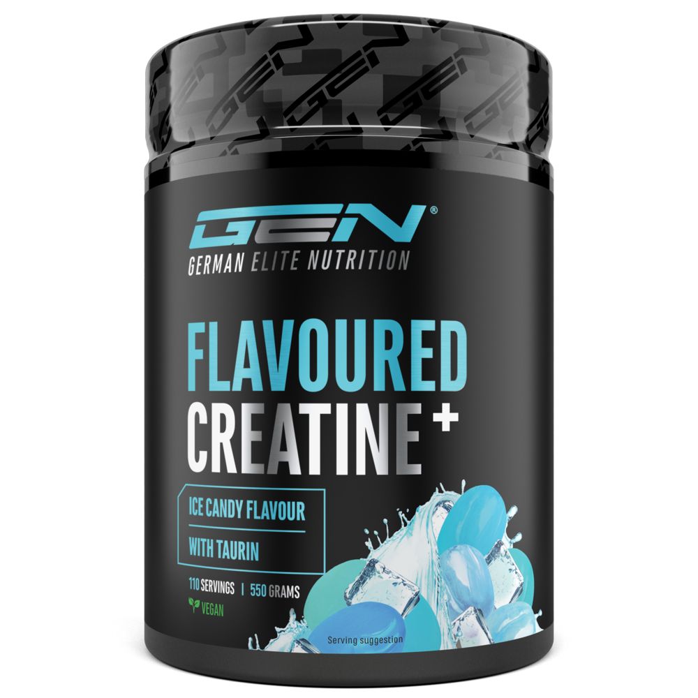 Dose GEN Flavoured Creatine+ mit Eisbonbon-Geschmack. 110 Portionen, 550 Gramm. Vegan. Schwarze Dose mit blauem und weißem Etikett. Produktabbildung.