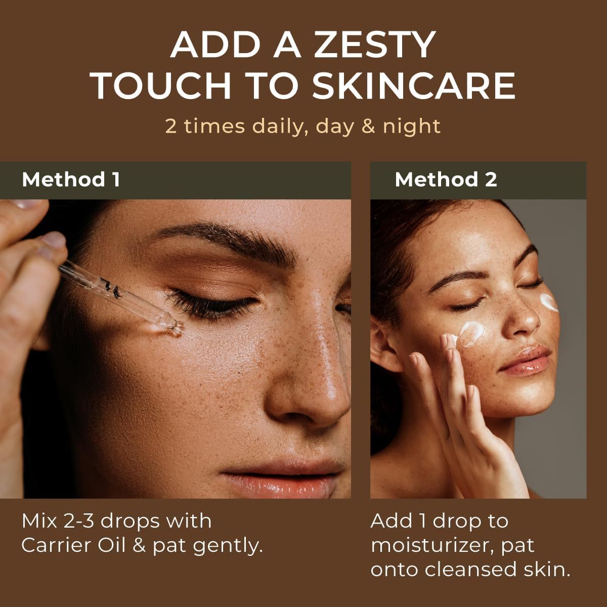 Zwei Frauen demonstrieren die Anwendung. Eine Frau tropft Öl auf ihr Gesicht, die andere trägt Creme auf. Text: „Add a Zesty Touch to Skincare“.