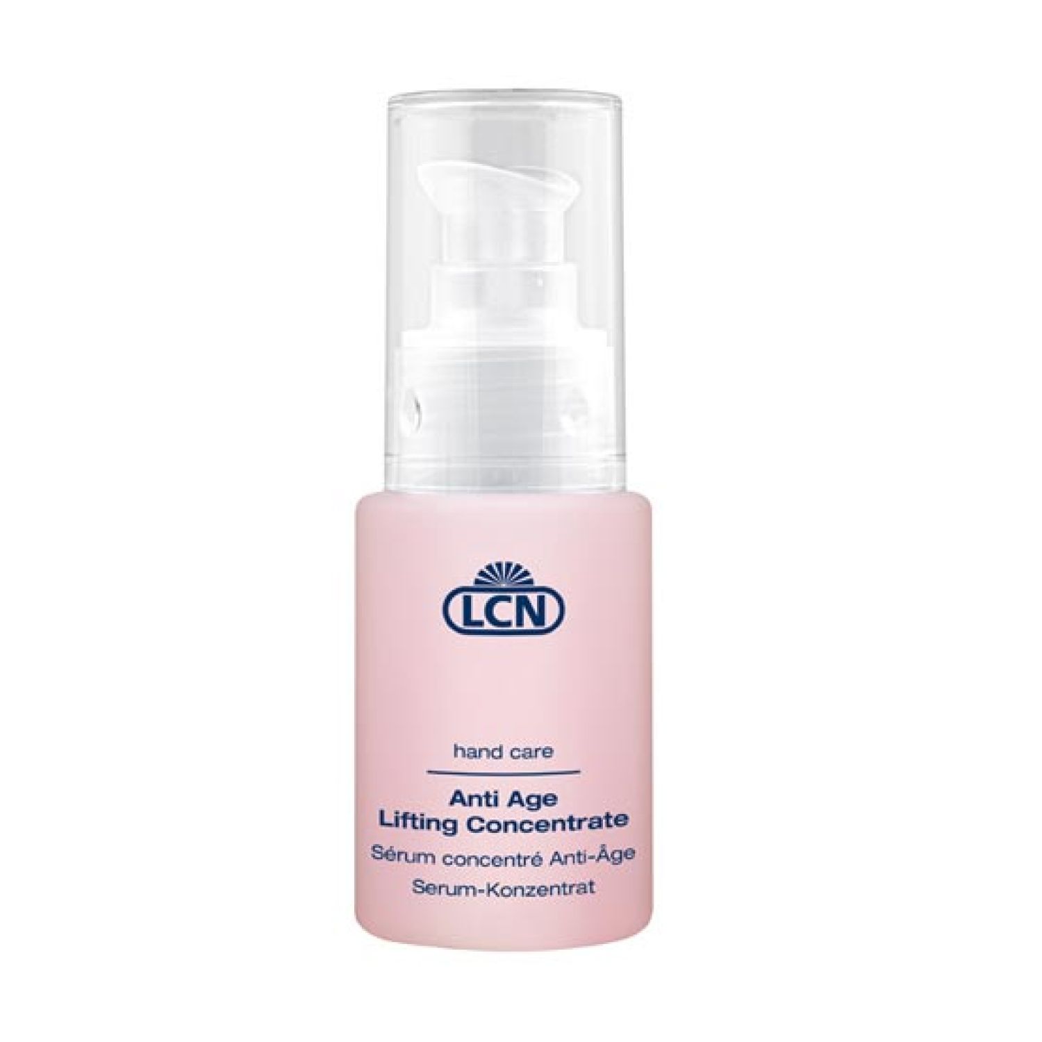 Rosa Flasche mit Pumpe. Aufschrift: LCN, Hand Care, Anti Age Lifting Concentrate. Mehrsprachige Produktbezeichnungen.