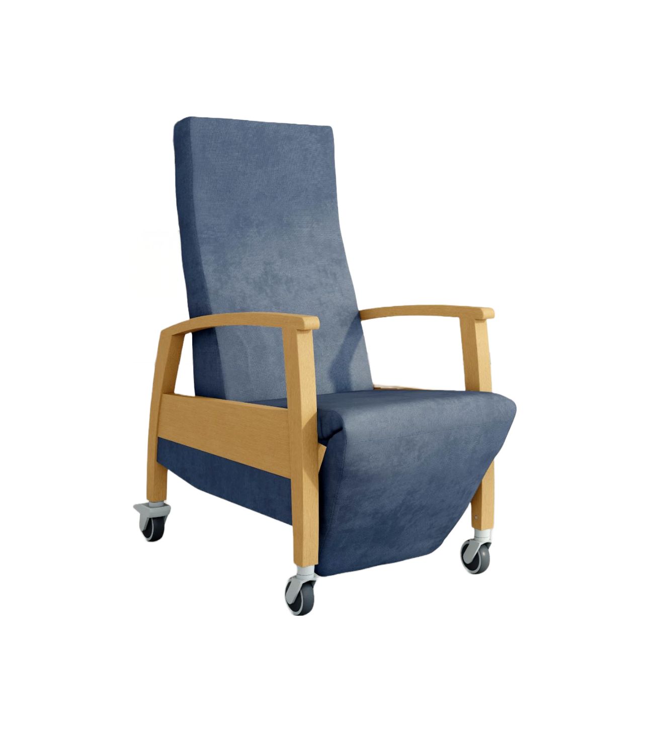 Blauer Relaxsessel mit Holzrahmen und Rollen. Hohe Rückenlehne, Armlehnen. Vier Rollen für Mobilität.