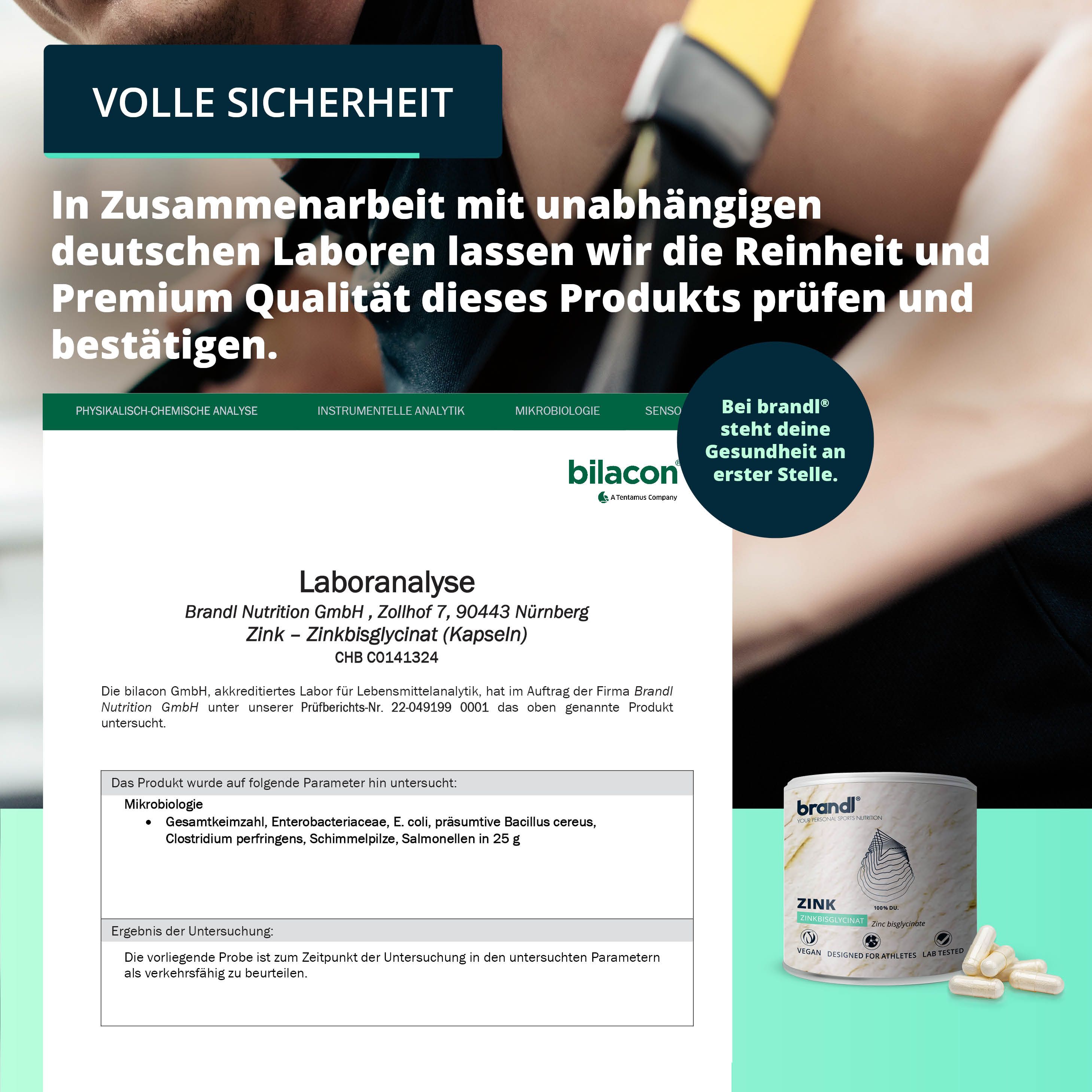 Werbung für brandl® Zink. Text: Laboranalyse, Reinheit und Premium Qualität. Dose und Kapseln. Webseite mit Analyse.