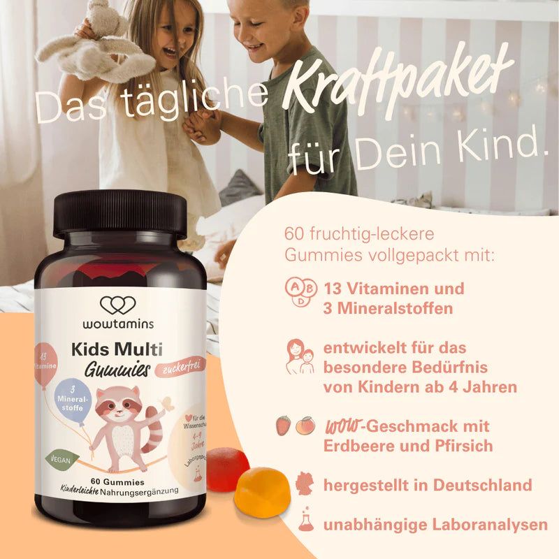 Kinderflasche mit WOWTAMINS Kids Multi Gummies, 60 Stück, mit Illustrationen von Kindern und Beeren.