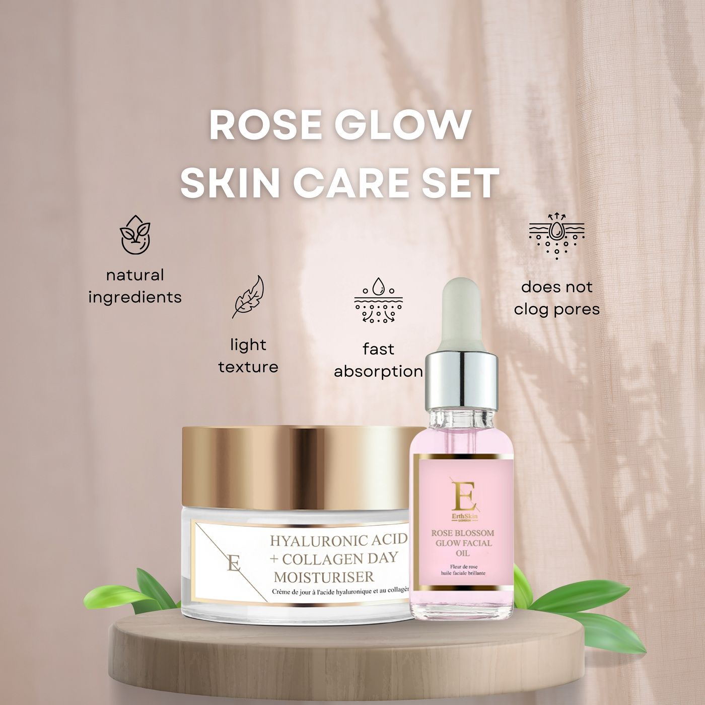 Gesichtsöl und Tagescreme auf Podest. Creme mit goldfarbenem Deckel, Etikett mit Text. Ölflasche mit Pipette, rosa Flüssigkeit, Etikett mit Text.