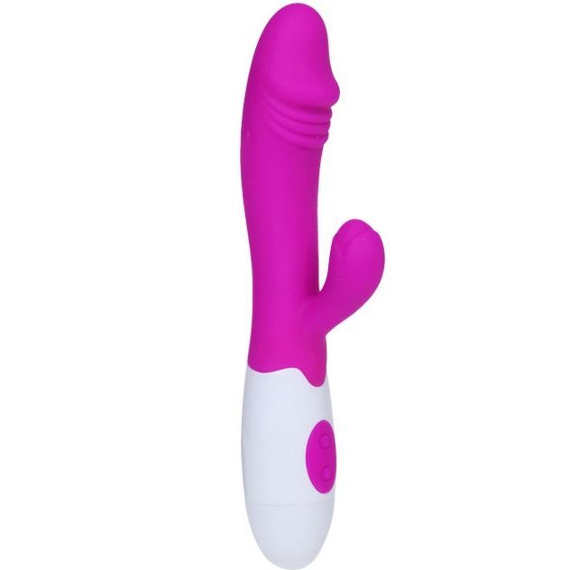 Lila-weißer Vibrator. Ergonomisches Design mit abgerundeter Spitze und seitlichem Element. Ein Knopf am weißen Griff.