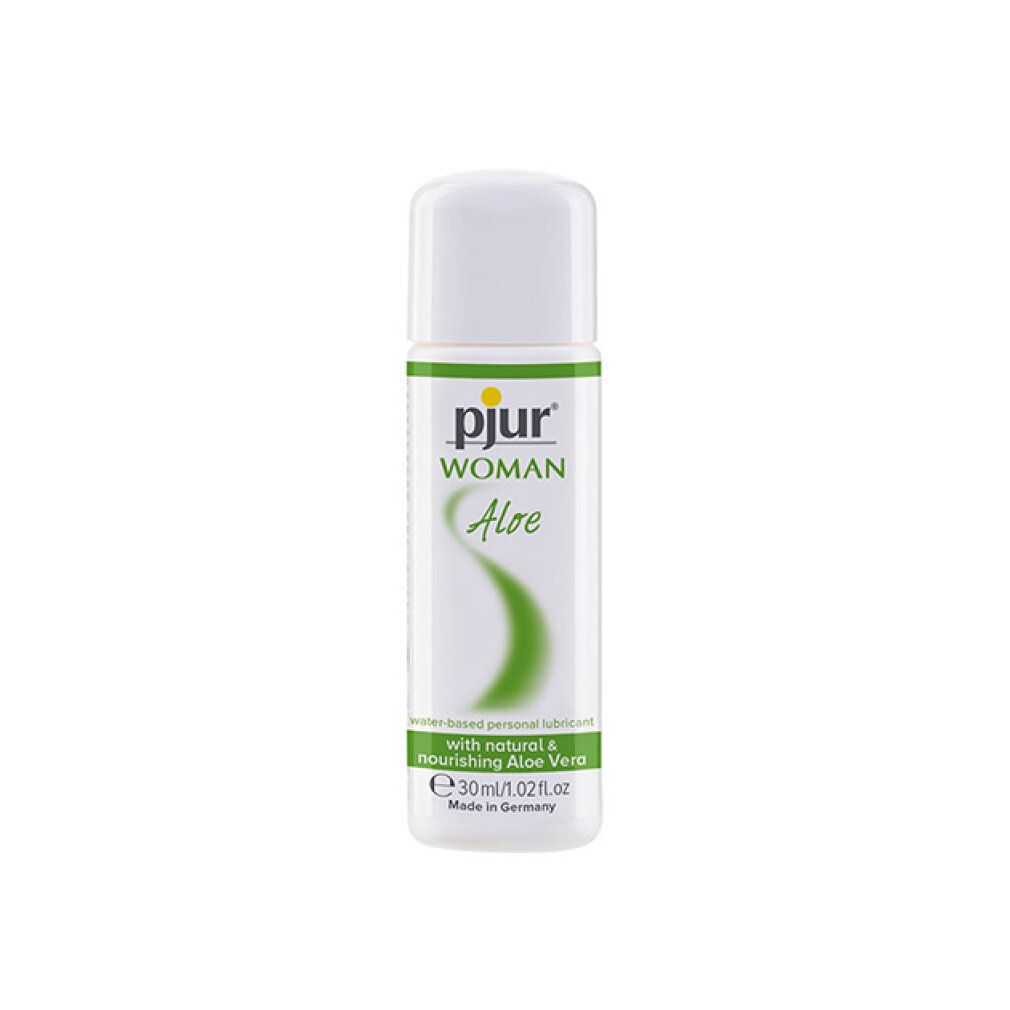 Weiße Flasche mit grünem Etikett. Aufschrift: pjur WOMAN Aloe. Enthält 30ml/1.02 fl.oz. Wasserbasiertes Gleitmittel.
