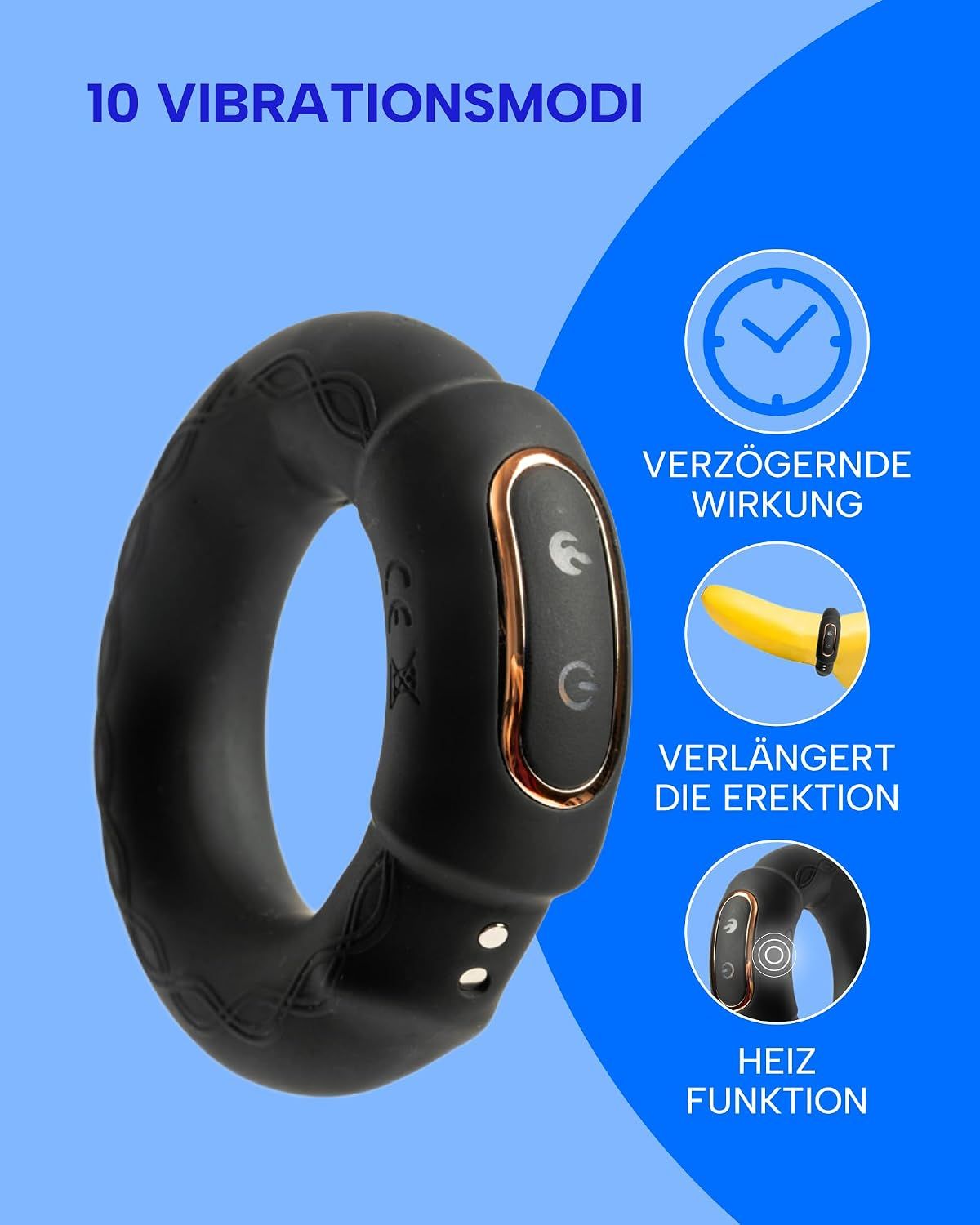 Schwarzer Vibrator mit 10 Vibrationsmodi, Heizfunktion und Ladeanzeige.