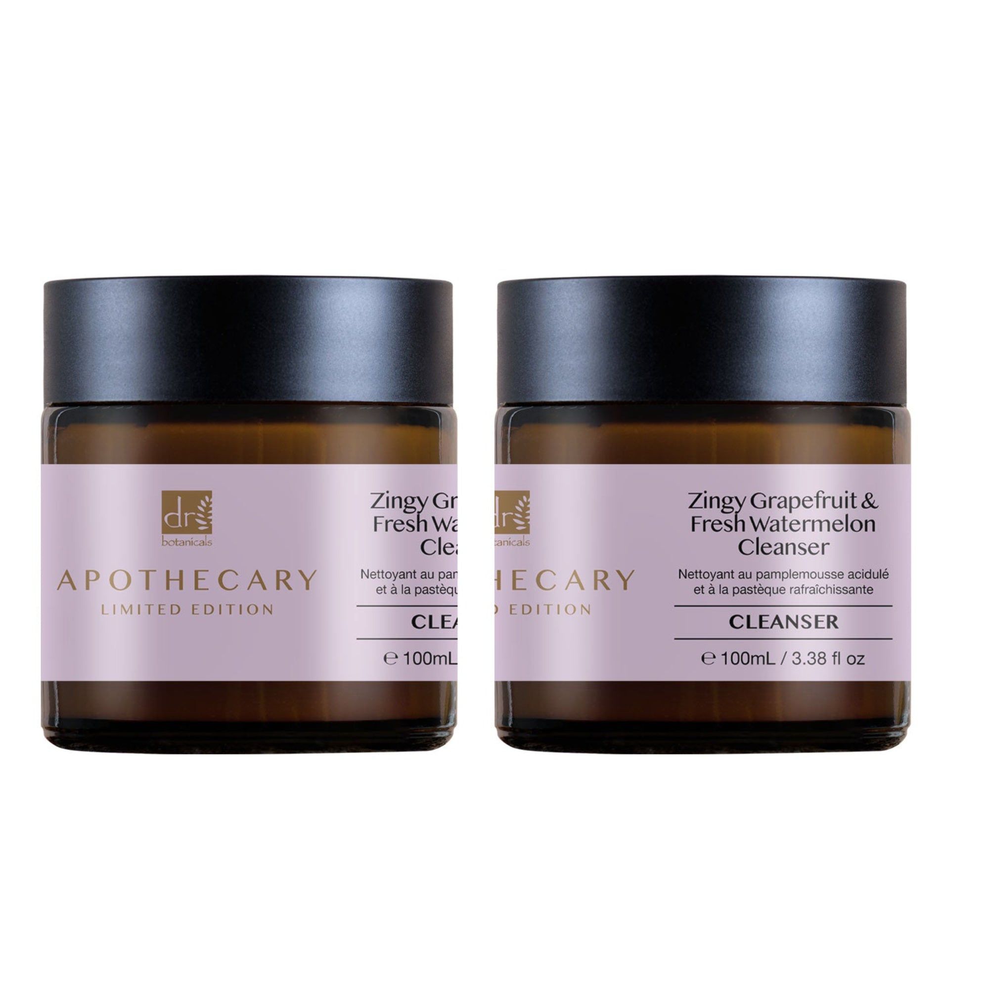 Zwei Glasbehälter mit schwarzem Deckel. Etiketten mit Produktnamen und Marke. Aufschrift: Apothecary Limited Edition.