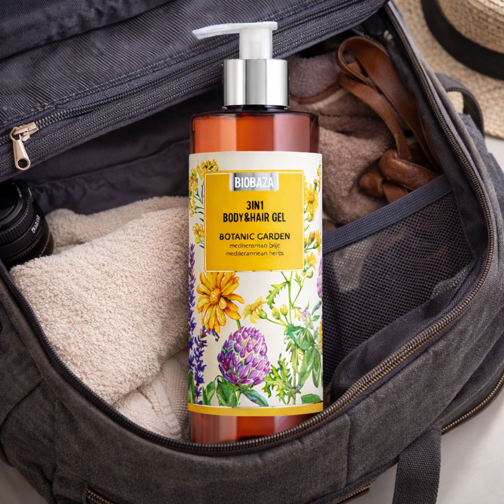 Braune Flasche mit Etikett. Aufschrift: Biobaza 3in1 Body&Hair Gel Botanic Garden. Liegt in einer Reisetasche.