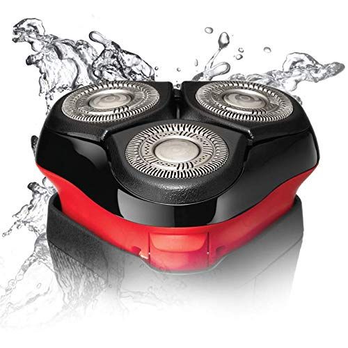 Rasierer-Kopf mit drei rotierenden Scherköpfen. Schwarze und rote Elemente. Wasser spritzt im Hintergrund.