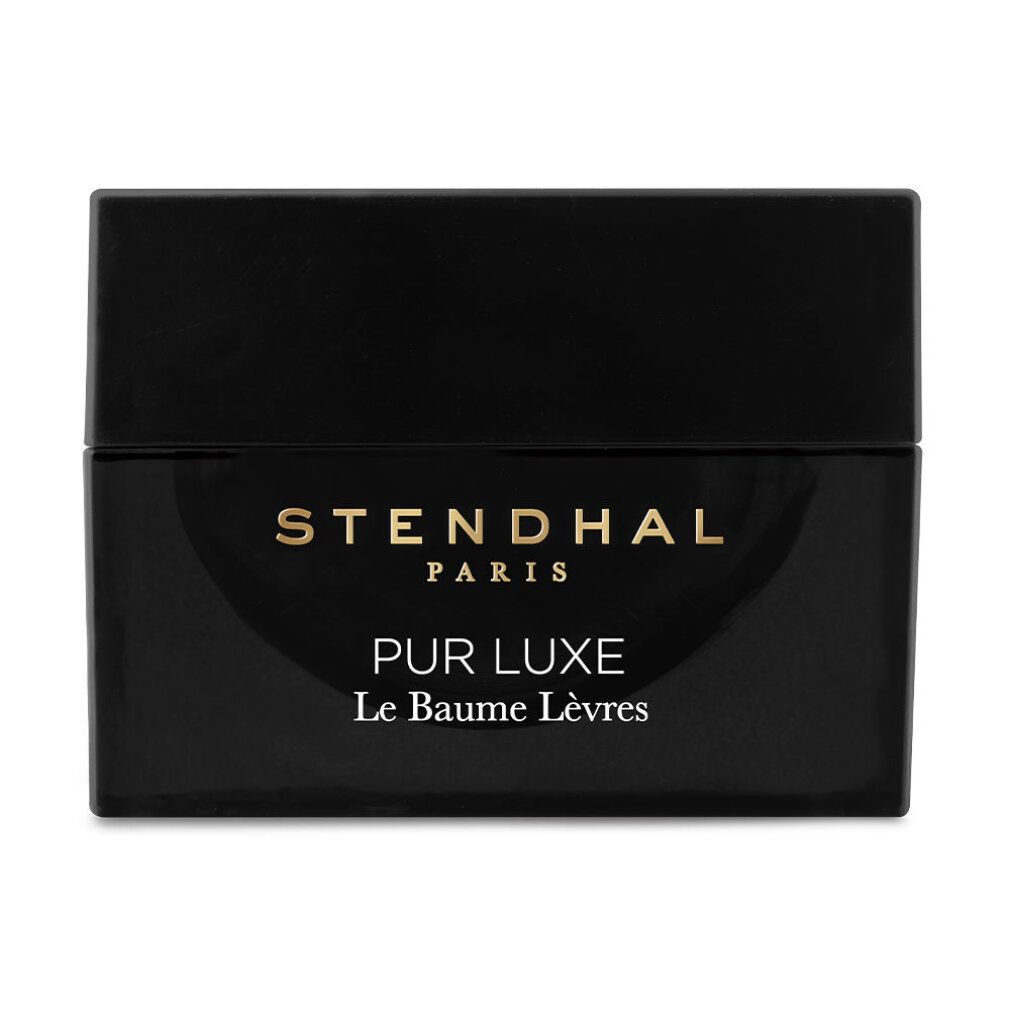 Schwarzer Tiegel mit goldfarbenem Schriftzug. Aufschrift: STENDHAL PARIS, PUR LUXE Le Baume Lèvres.