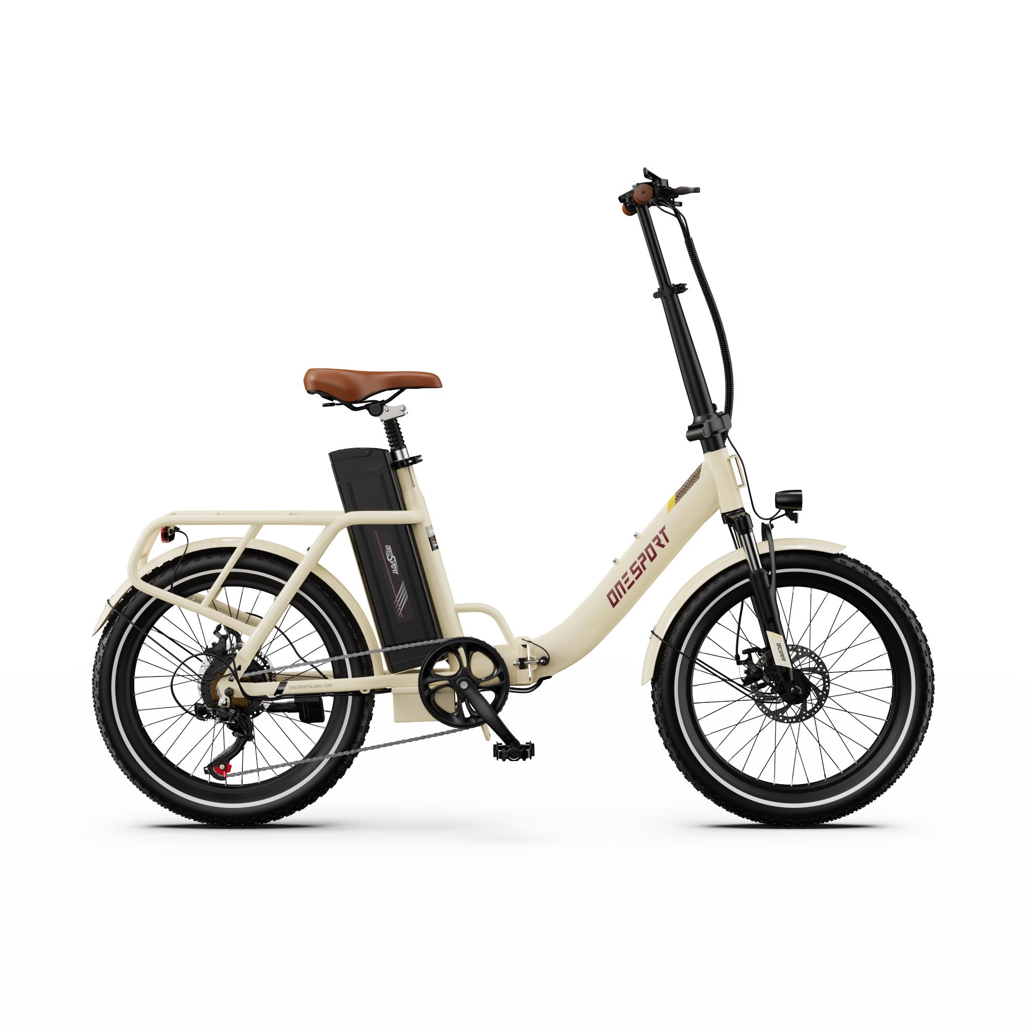 Beige Elektrofahrrad mit braunem Sattel und Lenker. ONESPORT-Logo. Schwarze Reifen und Akku.