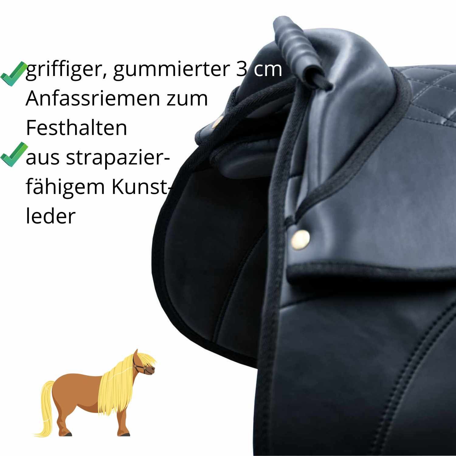 Detailansicht eines schwarzen Sattels. Griffriemen, Kunstleder, goldfarbene Nieten.