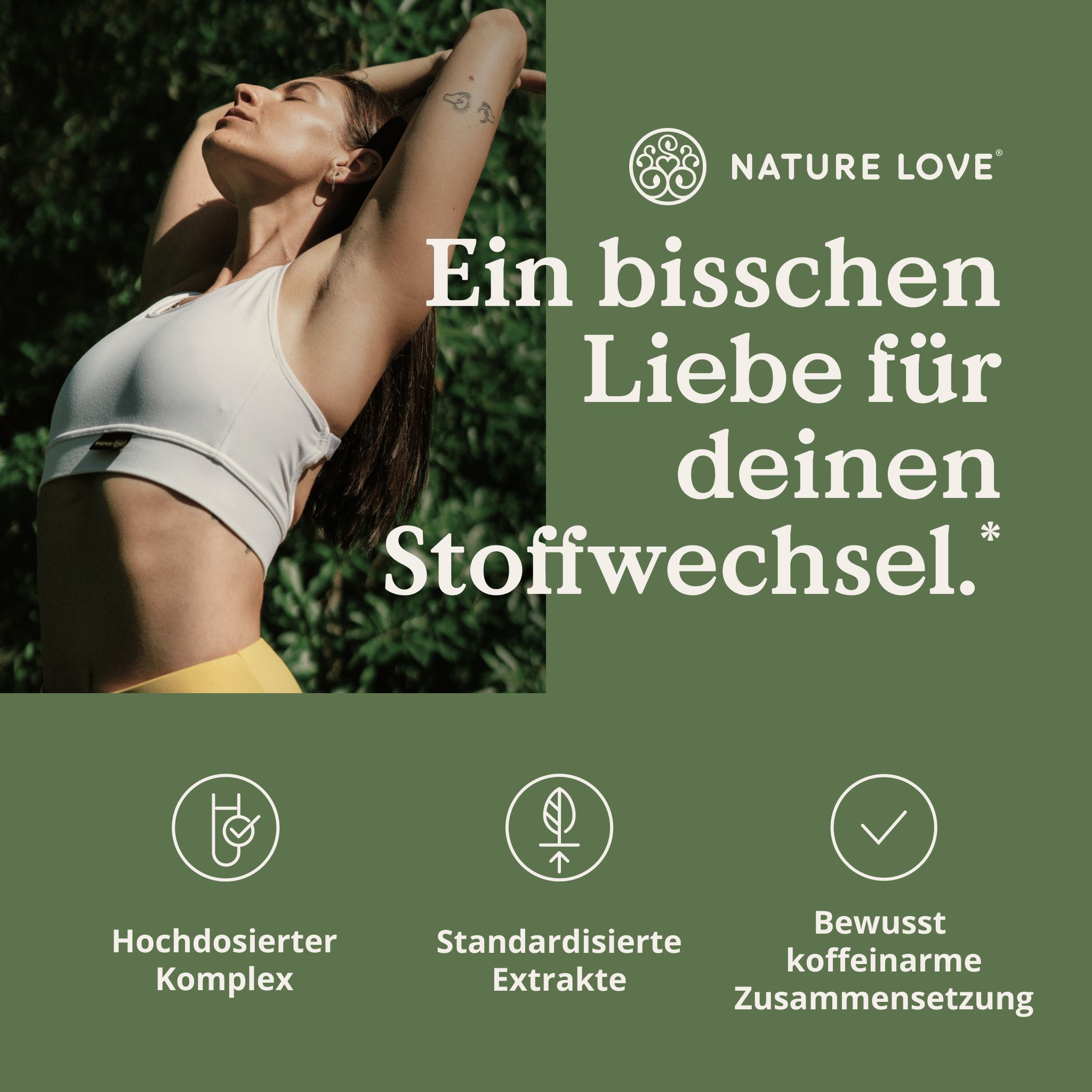 Frau mit geschlossenen Augen, Text über Stoffwechsel.