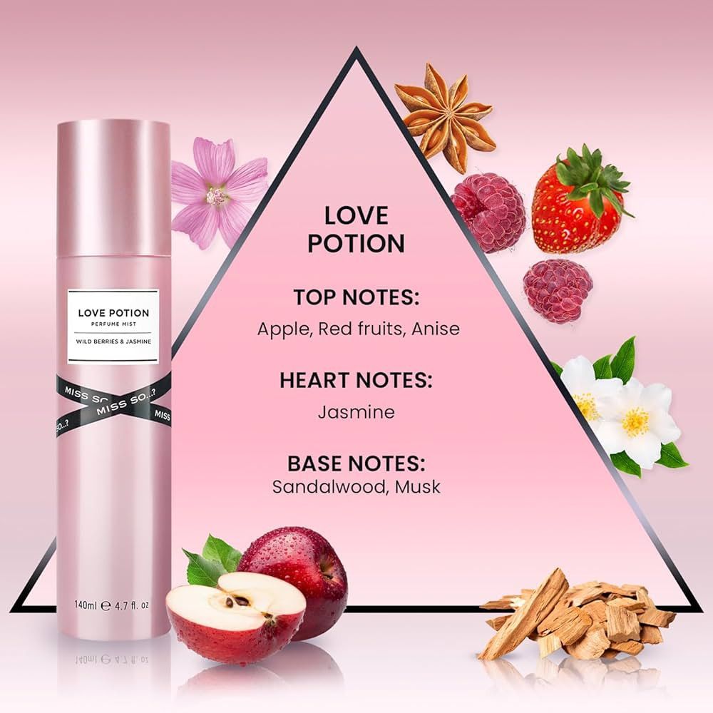 Rosa Körperspray mit Aufschrift 'Love Potion'. Inhaltsstoffe und Früchte umgeben das Produkt. Marke: Miss So...?