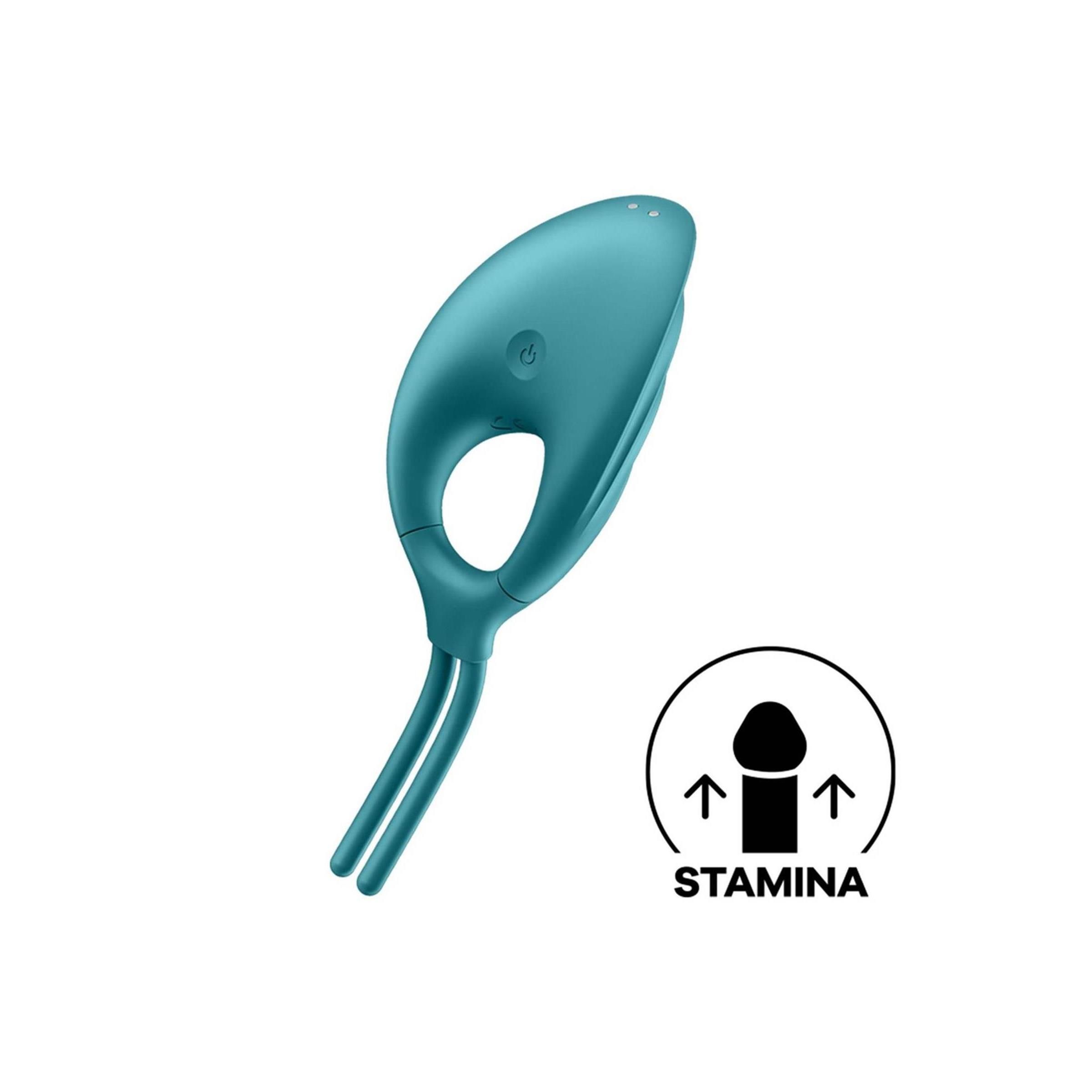 Türkisfarbener Ringvibrator mit ovalem Kopf und zwei Stäben. Symbol für Ausdauer.