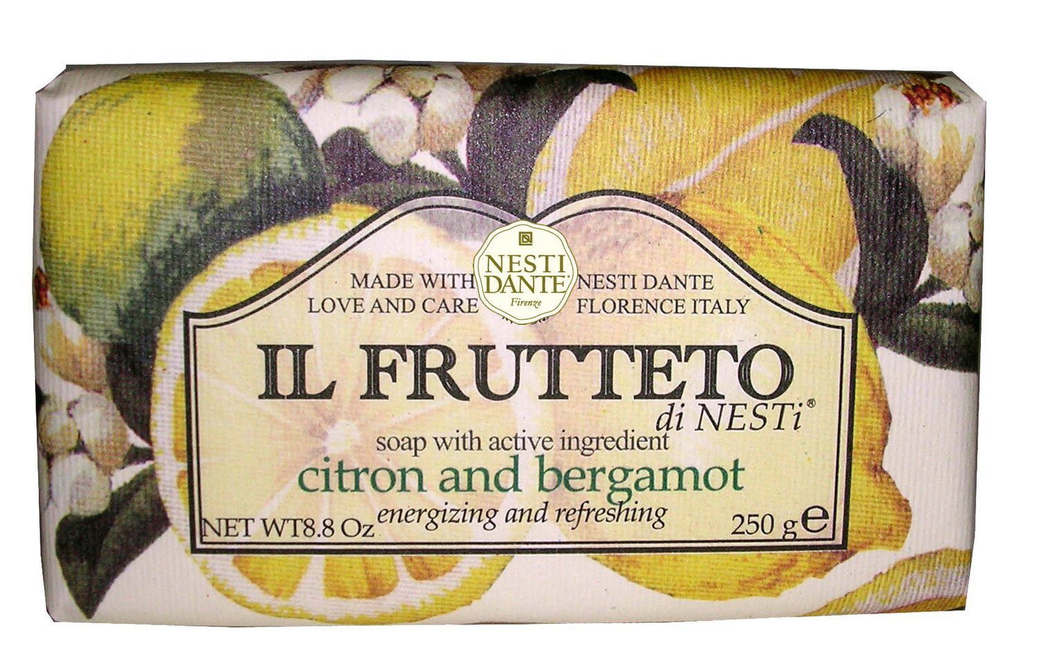 Seife mit Zitronen- und Bergamotte-Motiv. Verpackung mit Produktnamen 'Il Frutteto' und 'Nesti Dante'. Gewicht: 250g.