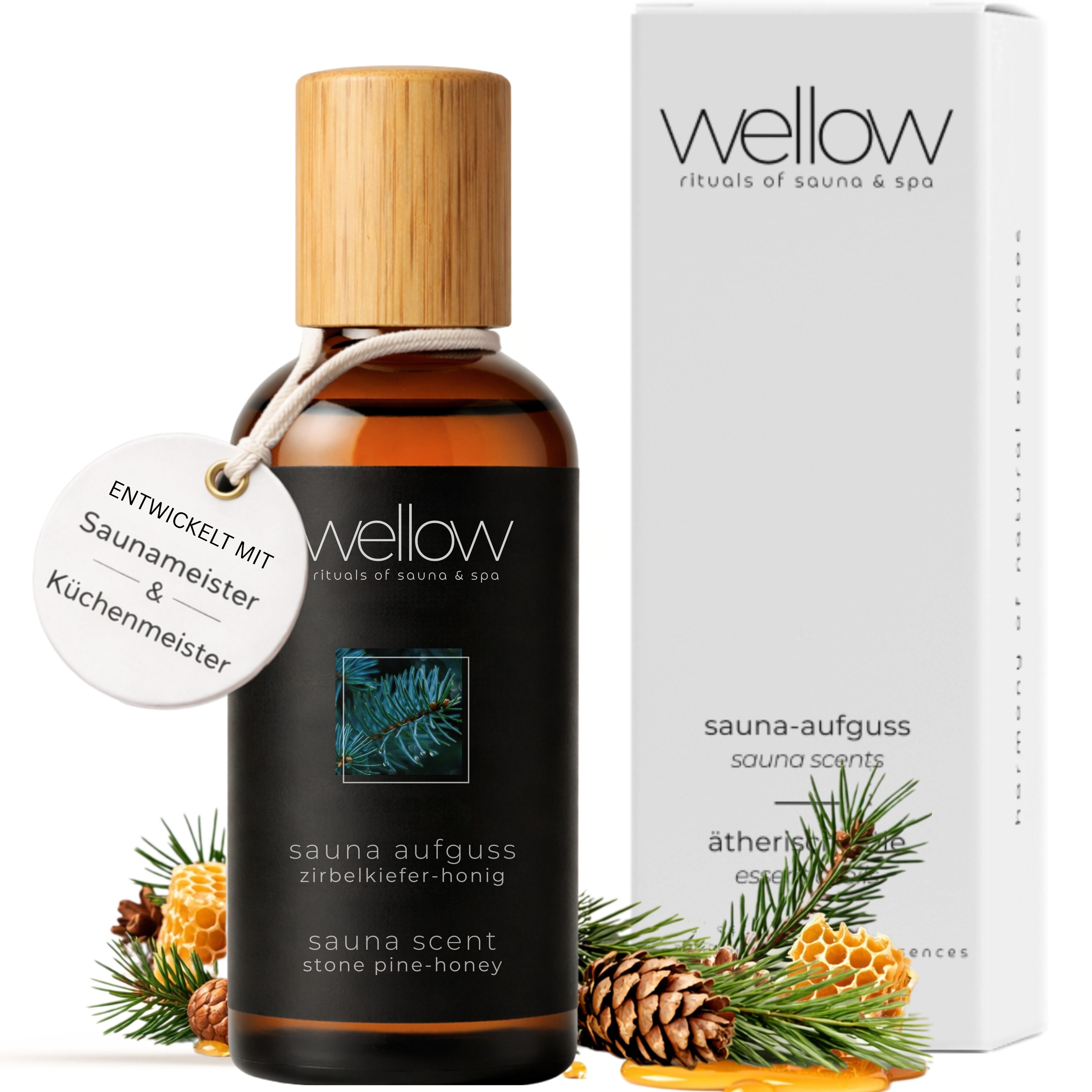 Flasche und Verpackung. Text: Wellow rituals of sauna & spa. Sauna-Aufguss Zirbelkiefer-Honig. Sauna scent stone pine-honey. Entwickelt mit Saunameister.