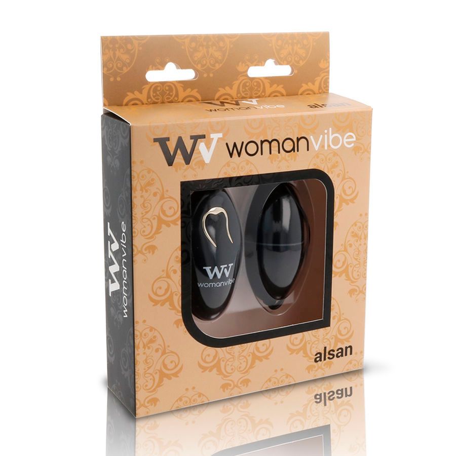 Verpackung mit zwei schwarzen, eiförmigen Produkten. Sichtfenster zeigt Fernbedienung und Ei. Marke: womanvibe.