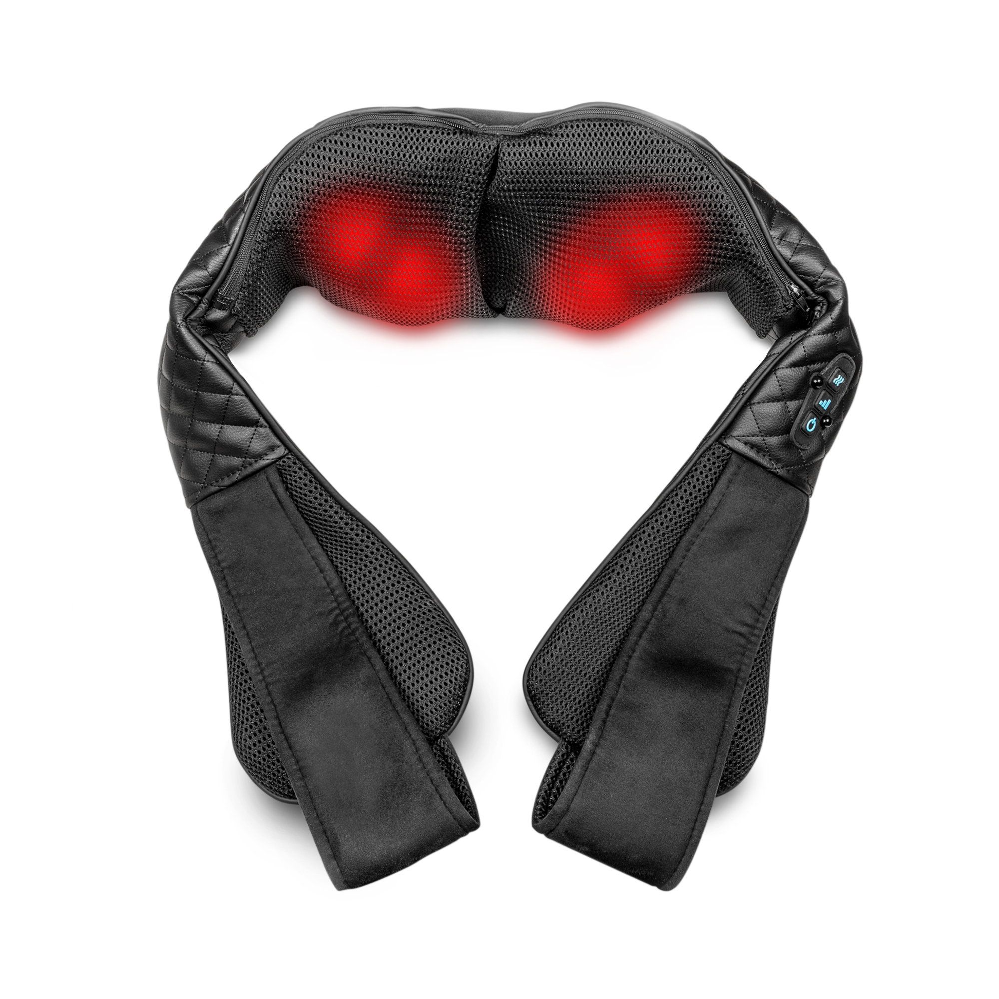 Schwarzes Nackenmassagegerät mit roten Lichtern. Oberansicht. Gepolstertes Material, Mesh-Bereiche und Bedienfeld.