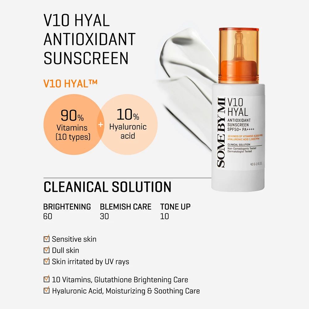Weißer Flakon mit orangefarbenem Deckel. Text: V10 HYAL Antioxidant Sunscreen. Diagramm: 90% Vitamine, 10% Hyaluronsäure. Text: Clinical Solution.