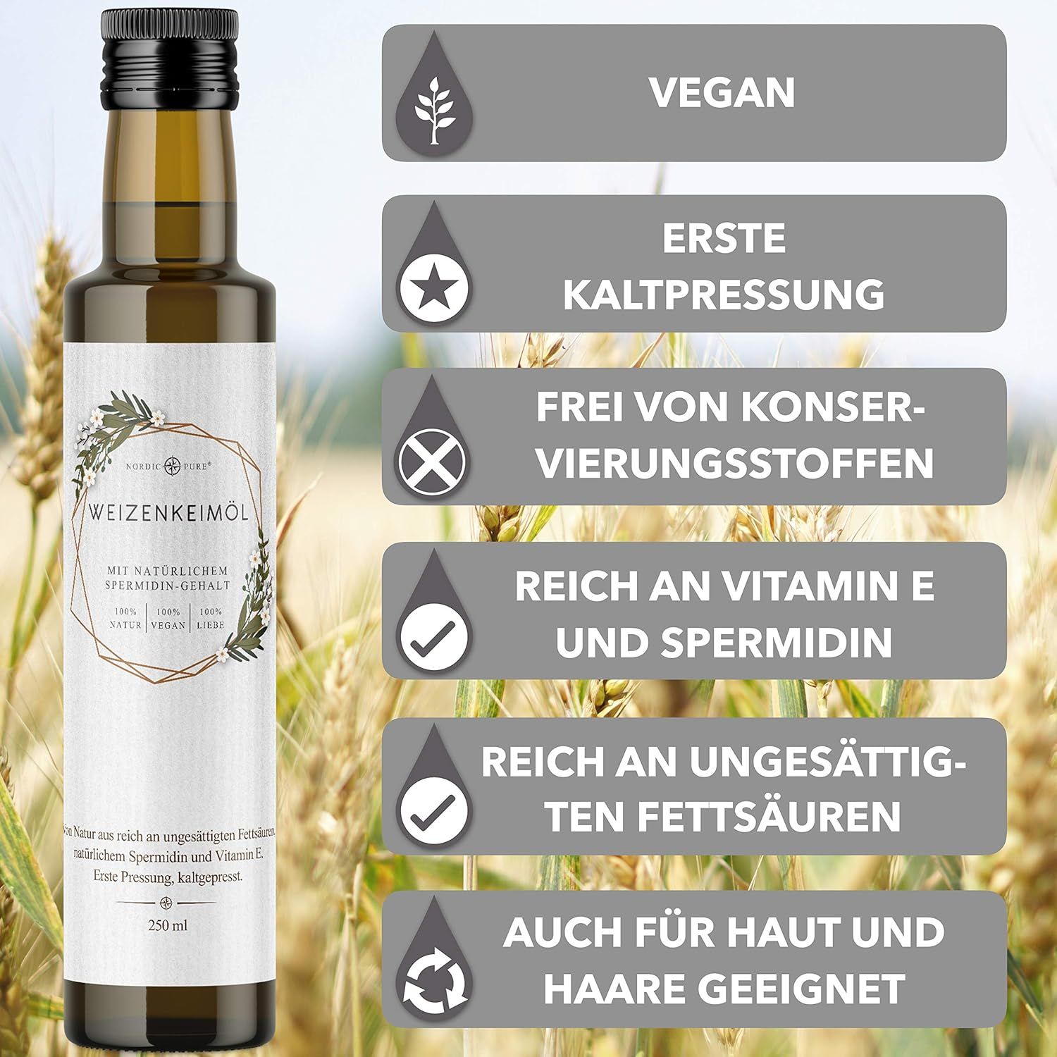 Nordic Pure Weizenkeimöl – kaltgepresst, mit Vitamin E + Spermidin